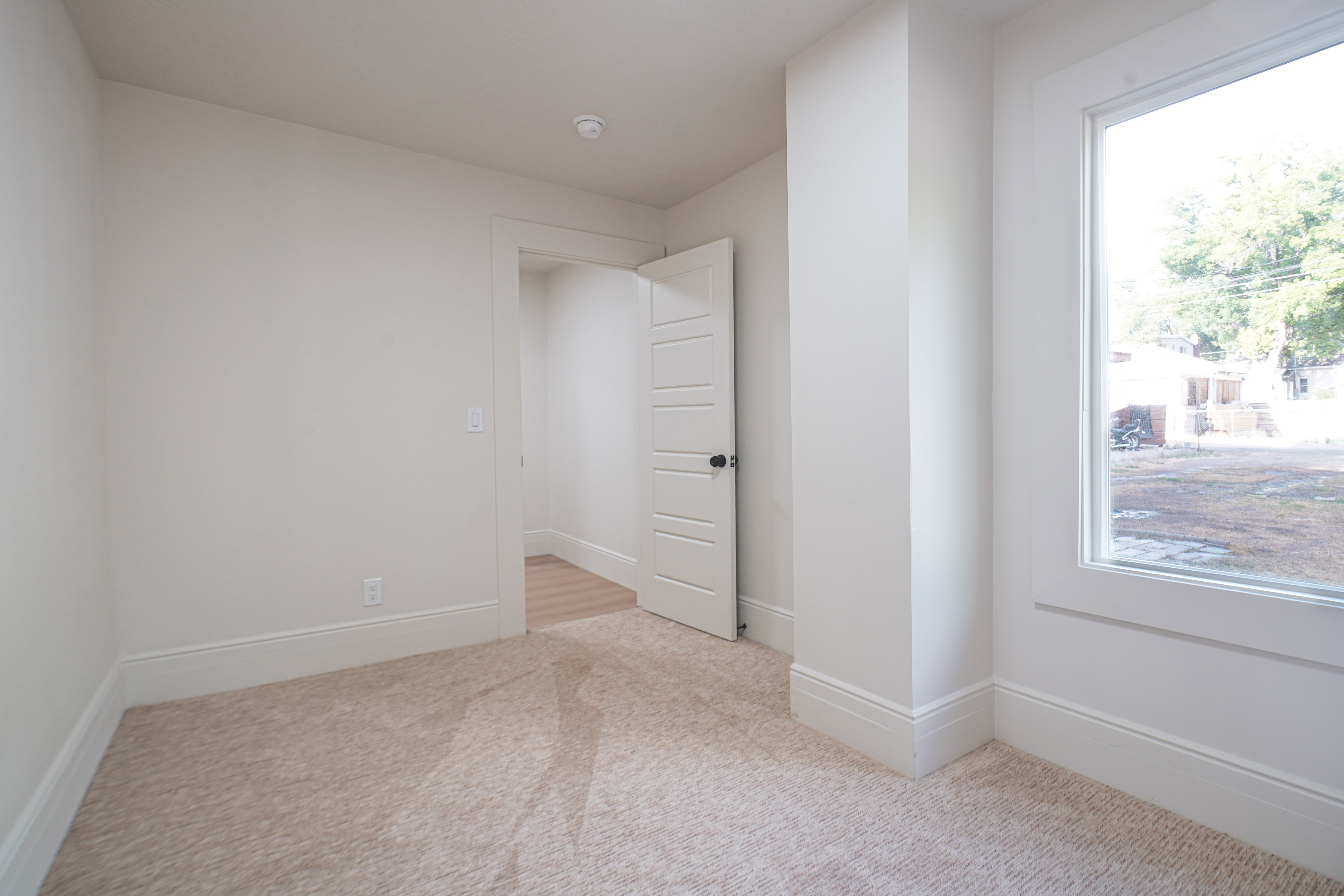 Room featuring light-colored carpeting, a white five-panel interior door with black hardware, and a large window with white trim