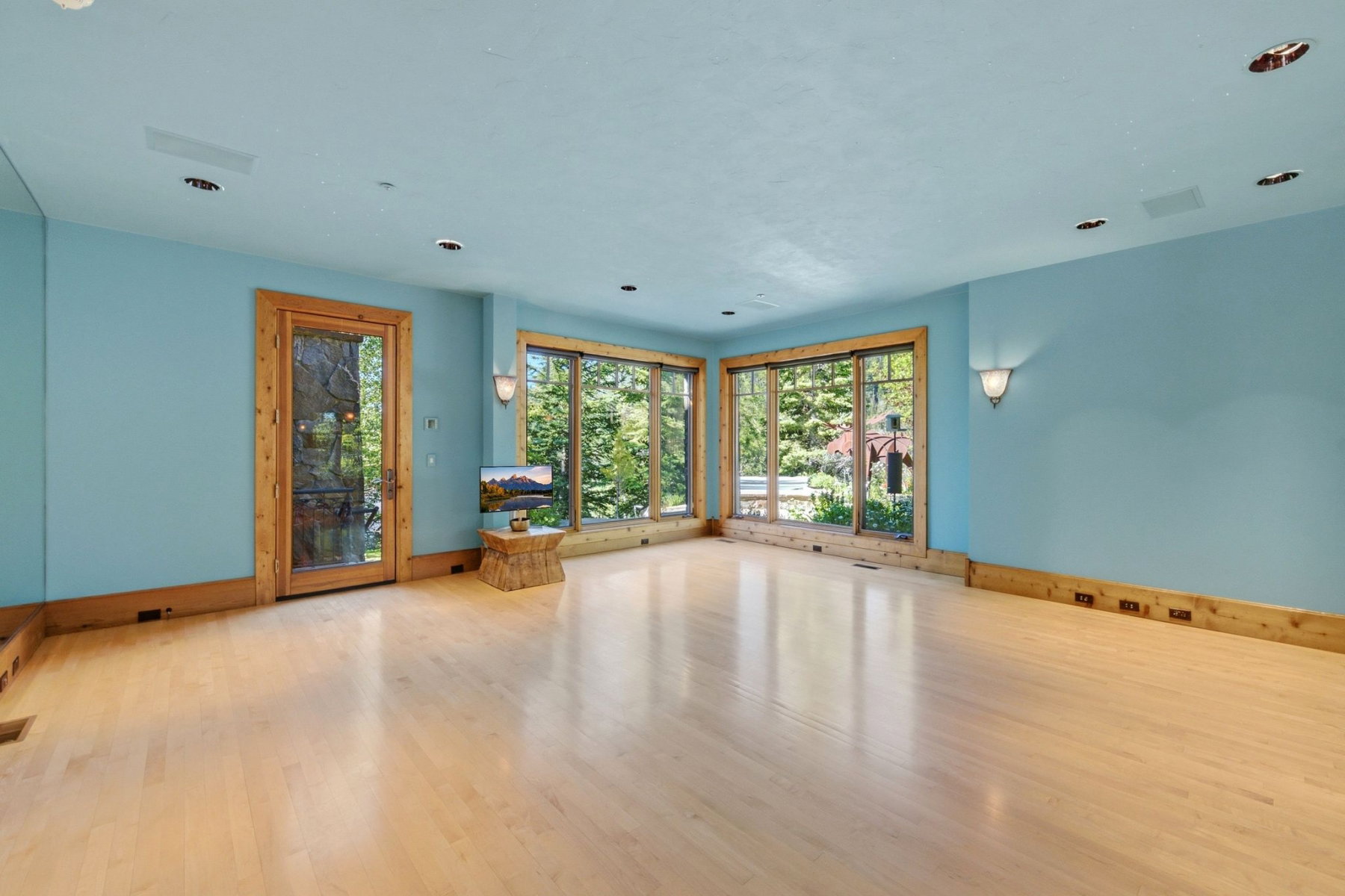Spacious room featuring light wood-finish flooring, natural wood trim, and large windows