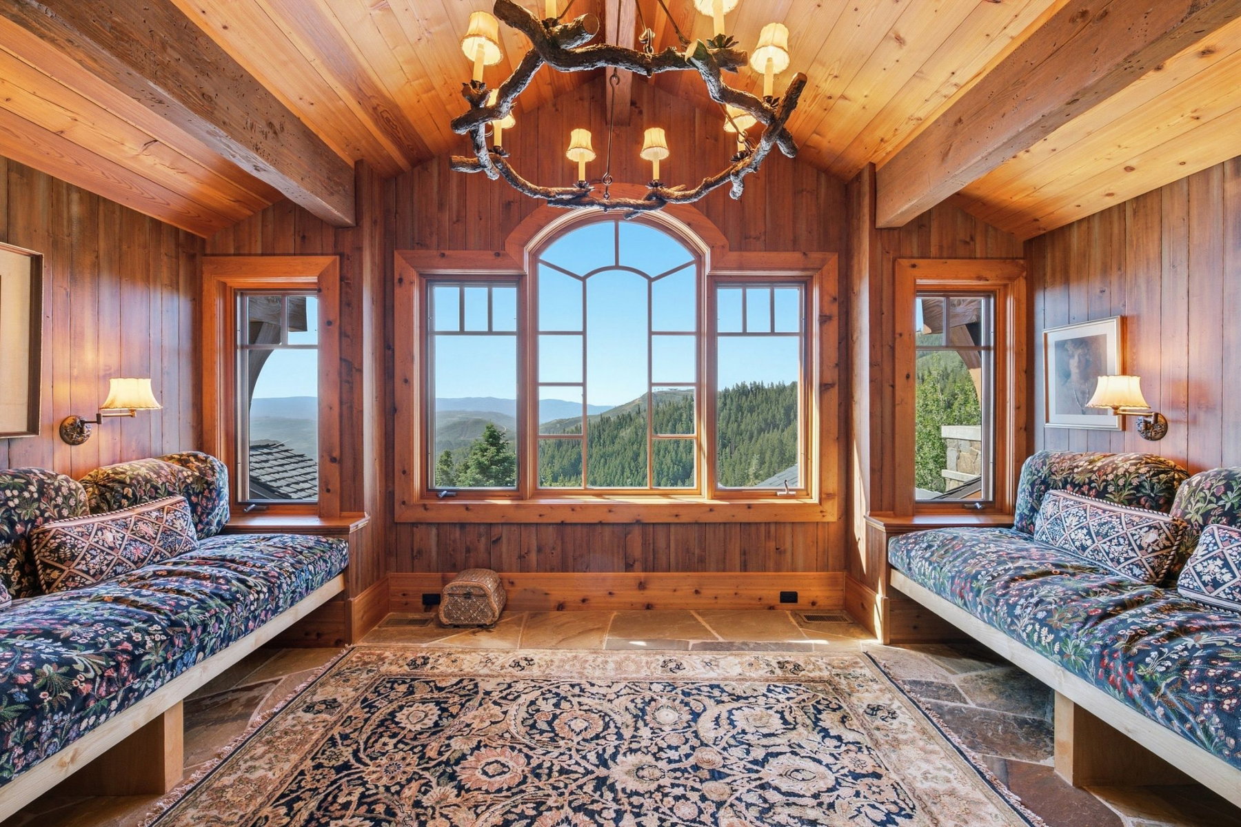 Vaulted wood-paneled ceiling with exposed beams