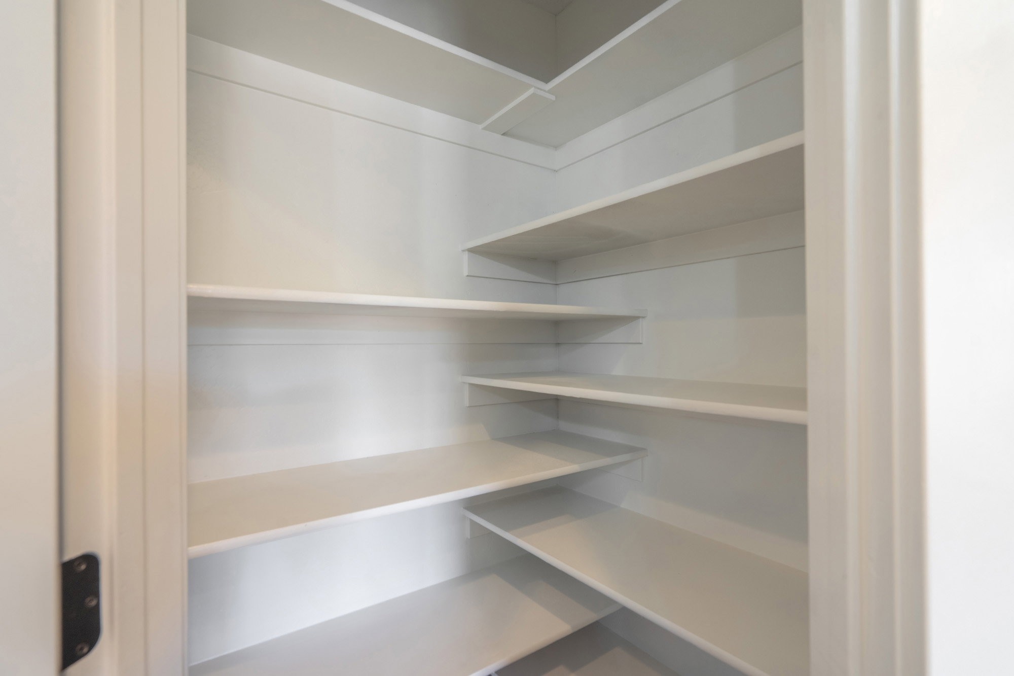 Corner pantry featuring multiple white shelves and white paneled walls