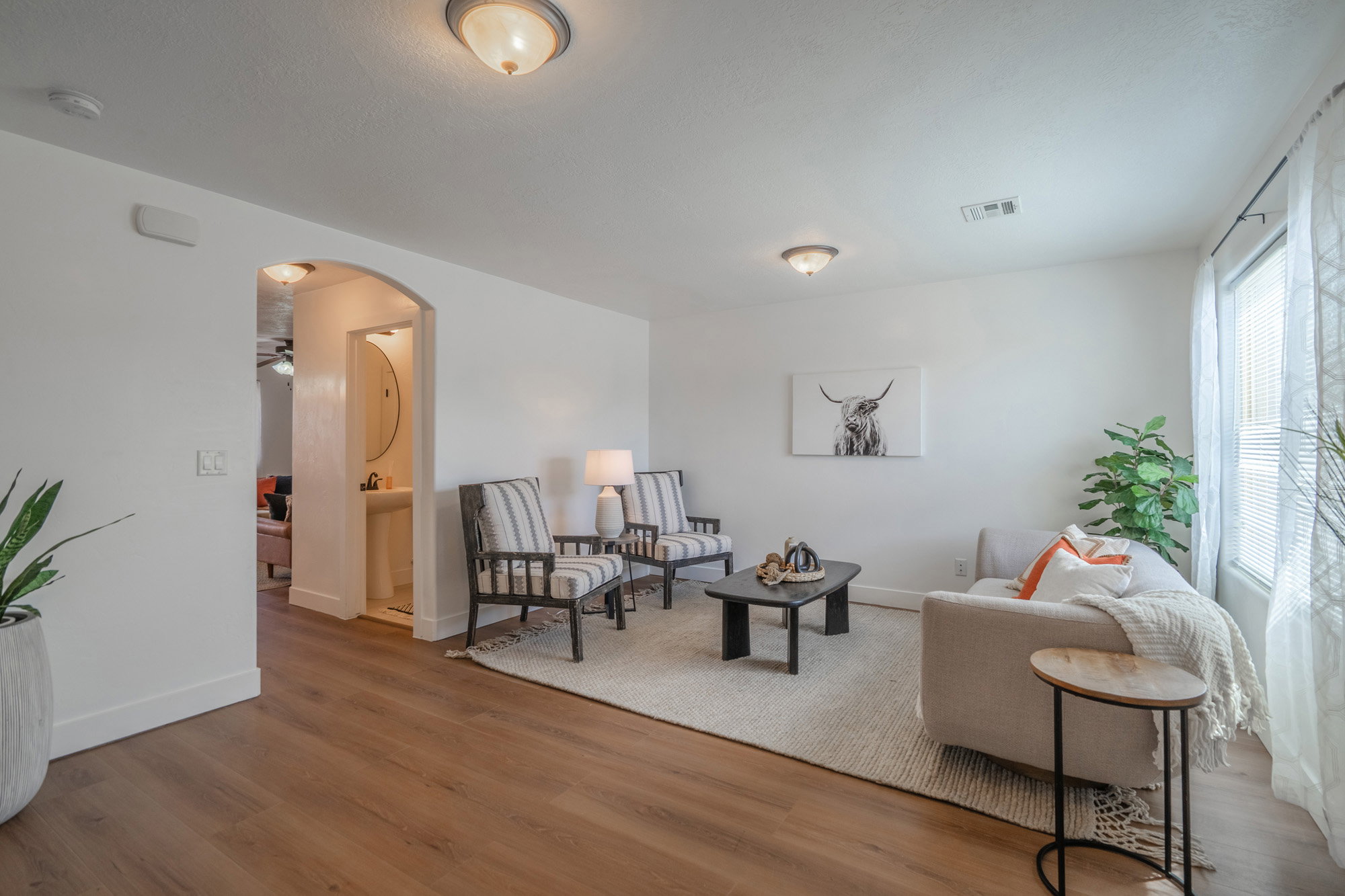 Living area featuring wood-finish flooring, white walls, and an arched doorway