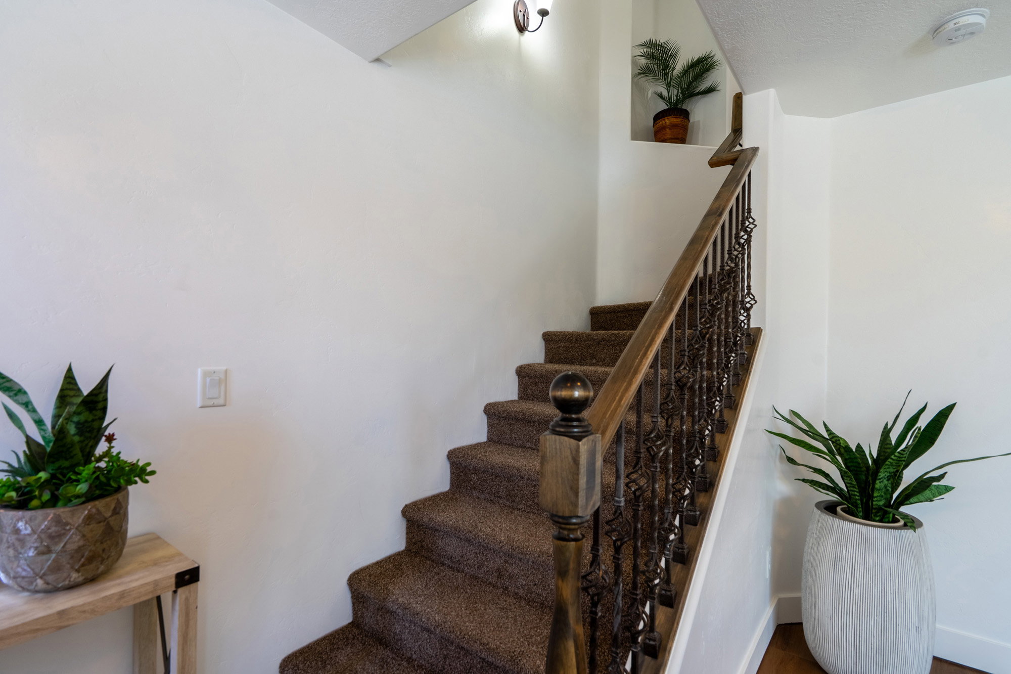Carpeted staircase featuring a wood-finish handrail and ornate wrought iron balusters