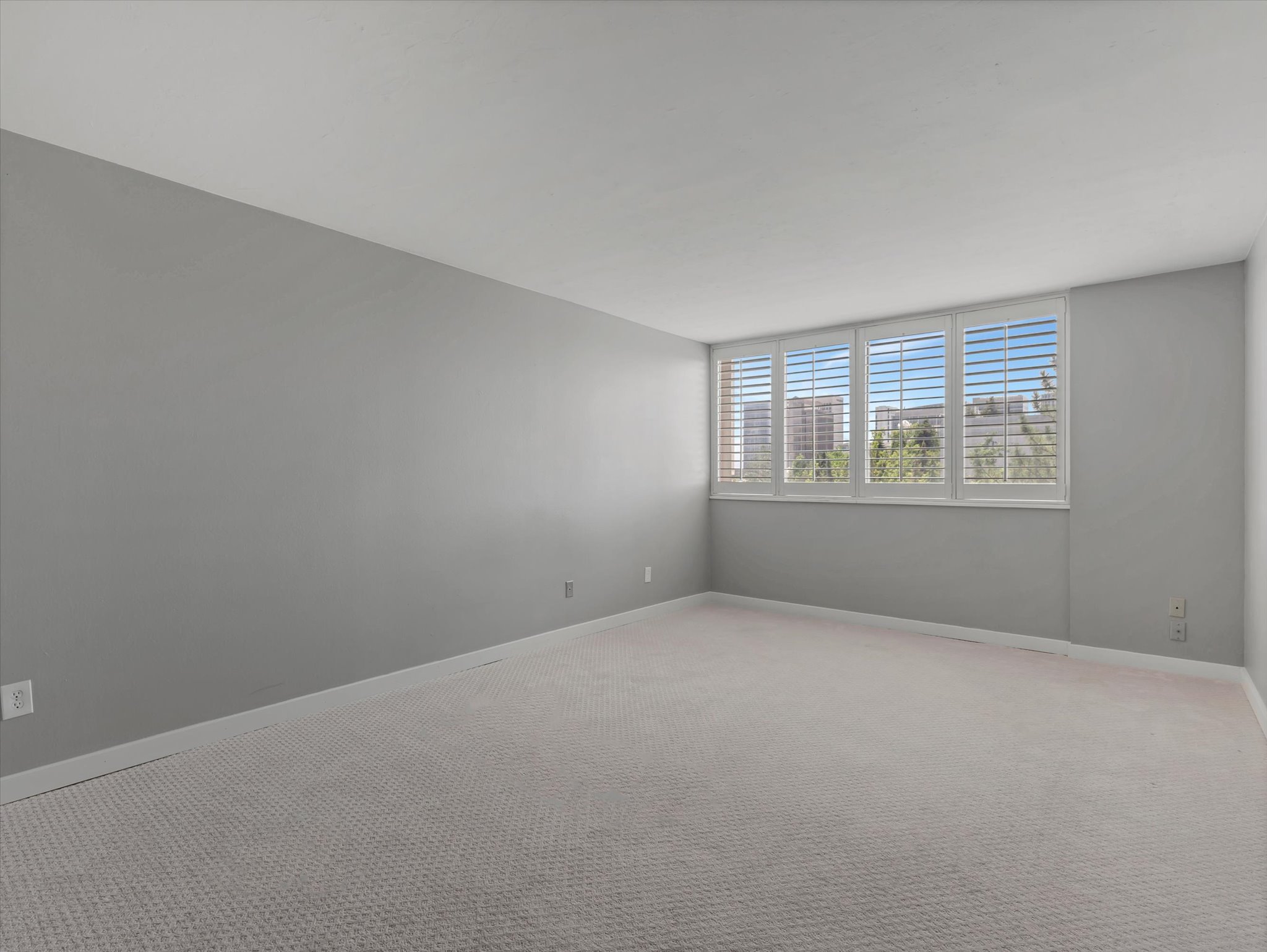 Spacious room featuring light gray walls, plush carpeting, and a window wall with multiple white-framed windows