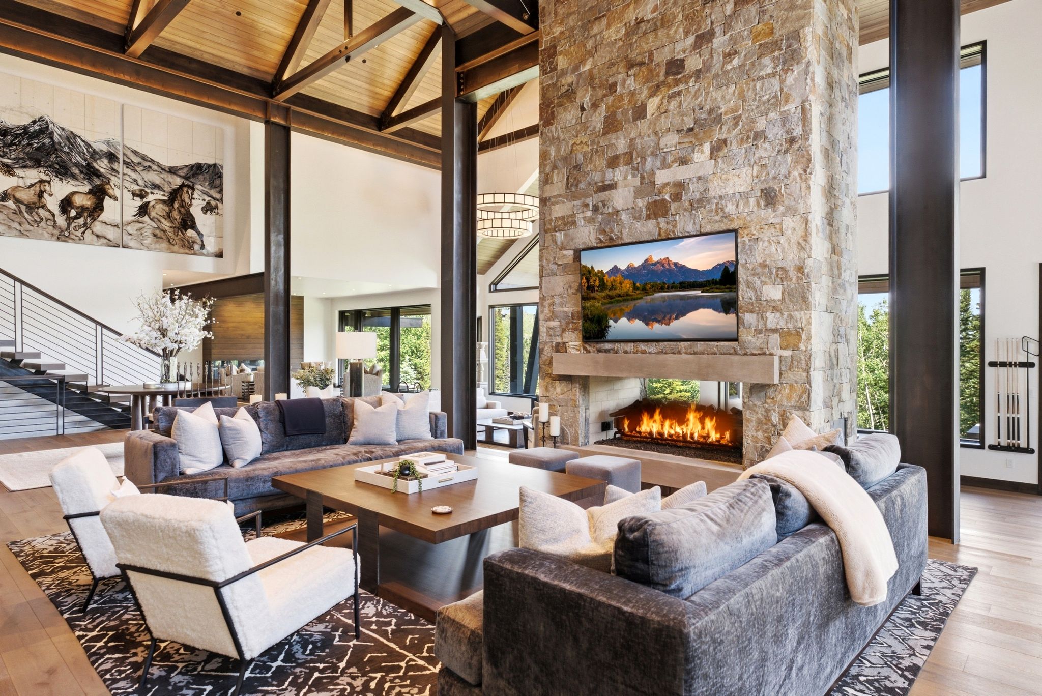 Vaulted wood-paneled ceiling with exposed beams