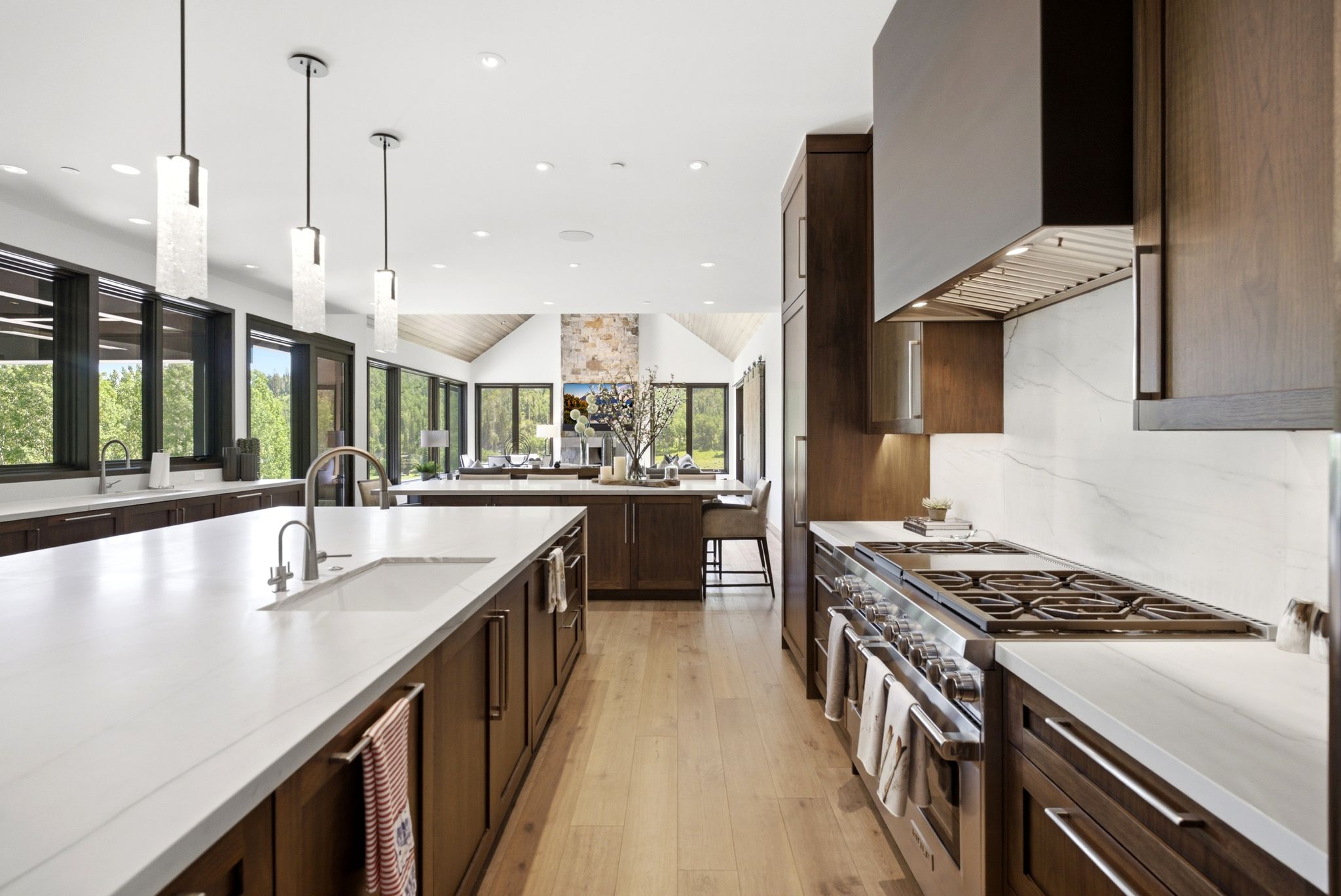 Gourmet kitchen featuring a large central island with an undermount sink, white countertops, dark wood-finish cabinetry, and stainless steel appliances, including a professional range and hood