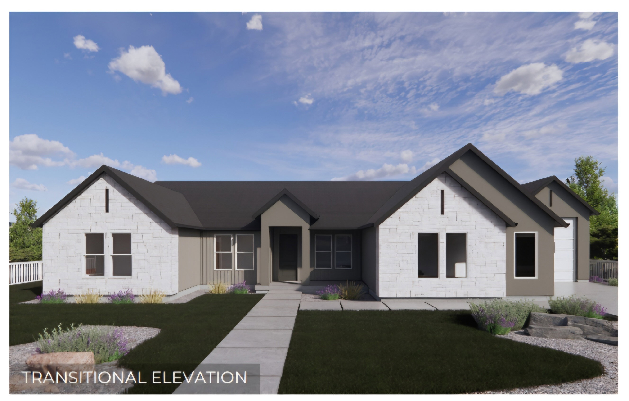 Transitional elevation featuring stone and siding exterior, dark roofline, and an integrated garage