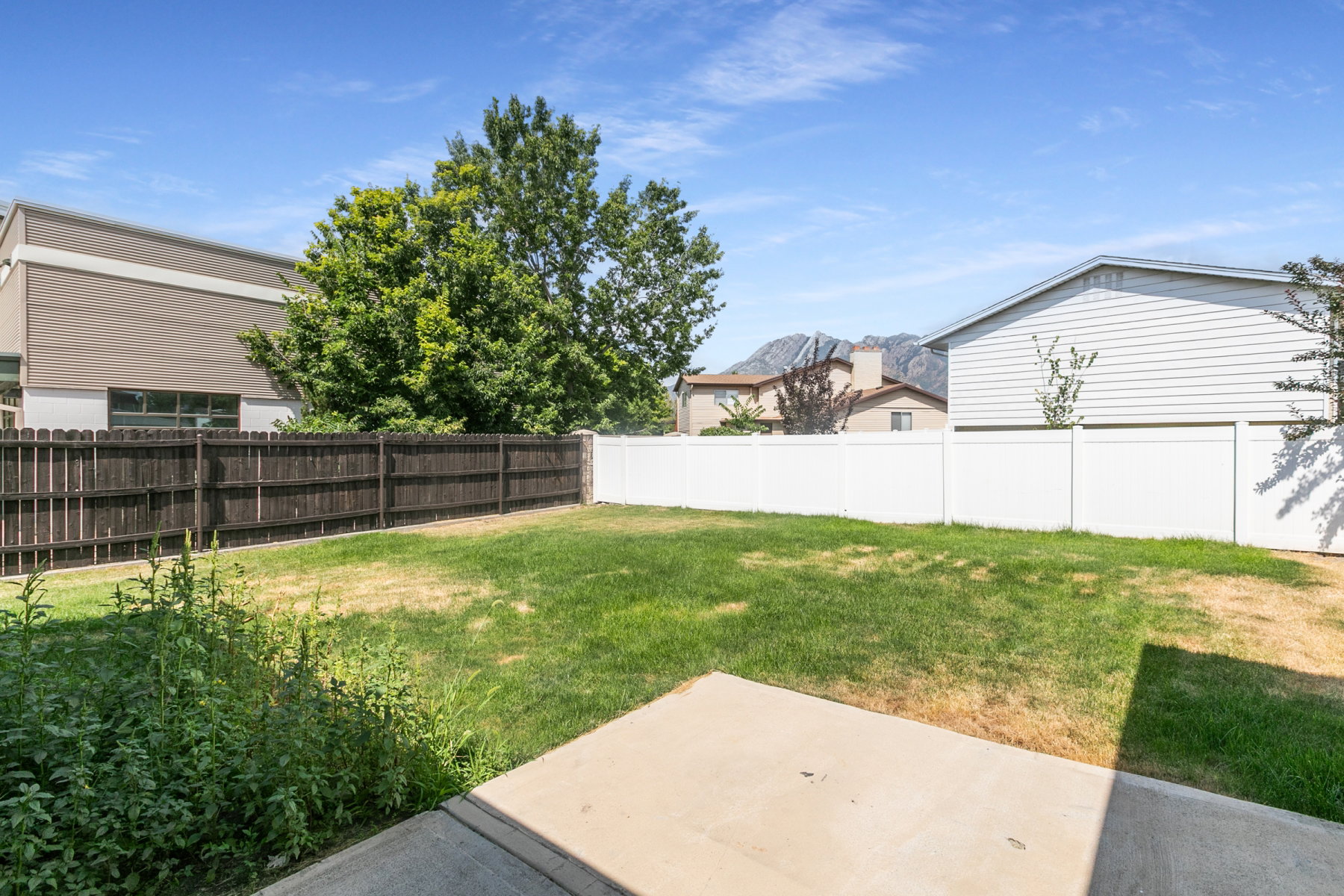 Expansive backyard featuring a concrete patio, a dark wood privacy fence, a white vinyl privacy fence, and a grass lawn