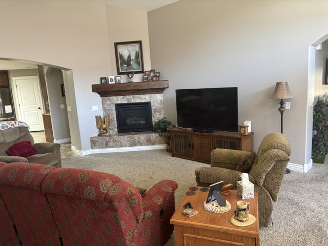 Living area featuring a stone-clad fireplace with a wood mantel, high vaulted ceilings, and light-toned carpet flooring