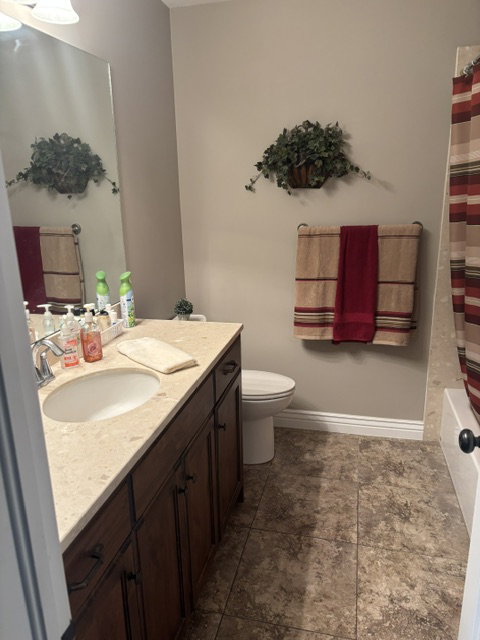 Bathroom featuring a dark wood-finish vanity with a single basin sink and light-colored countertop