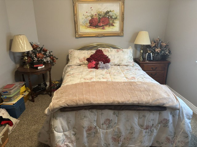 Carpeted room with neutral wall color and baseboard trim