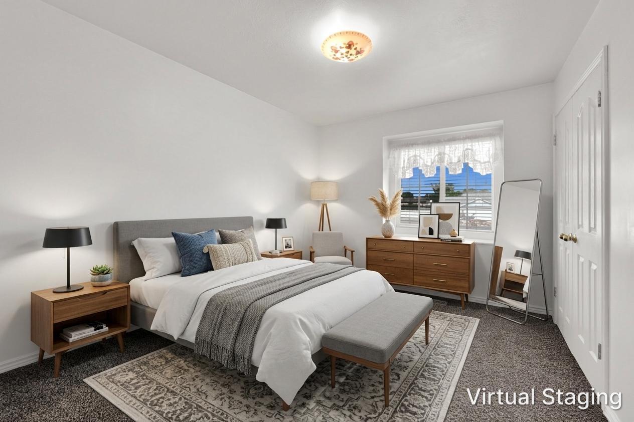 Bright bedroom featuring a window with natural light, neutral wall colors, and dark-toned carpeting