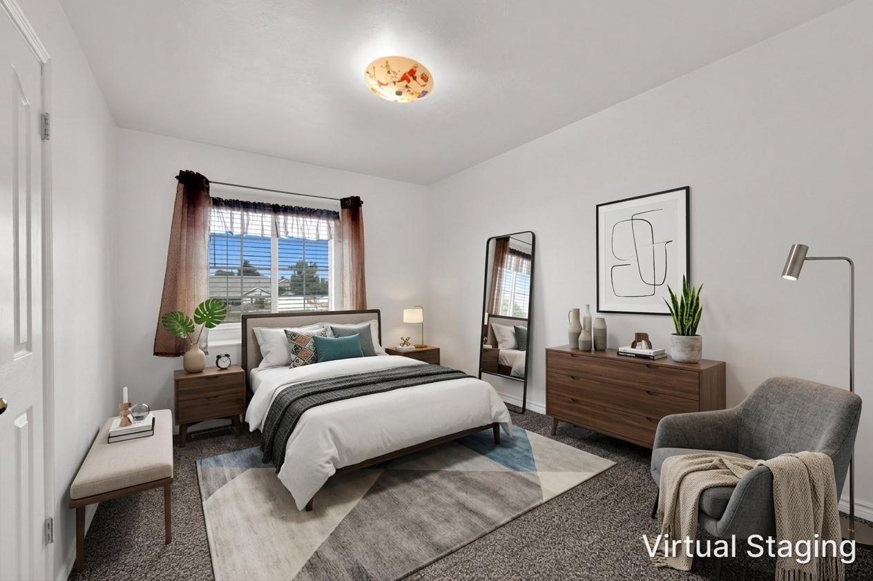 Carpeted room featuring a window with horizontal blinds, white walls, and a ceiling-mounted light fixture