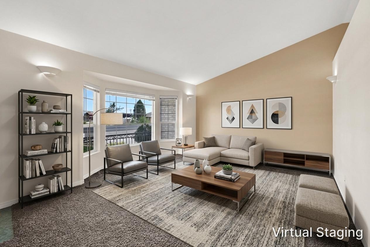 Living room featuring a bay window, vaulted ceiling, neutral wall tones, sconce lighting, and carpet flooring