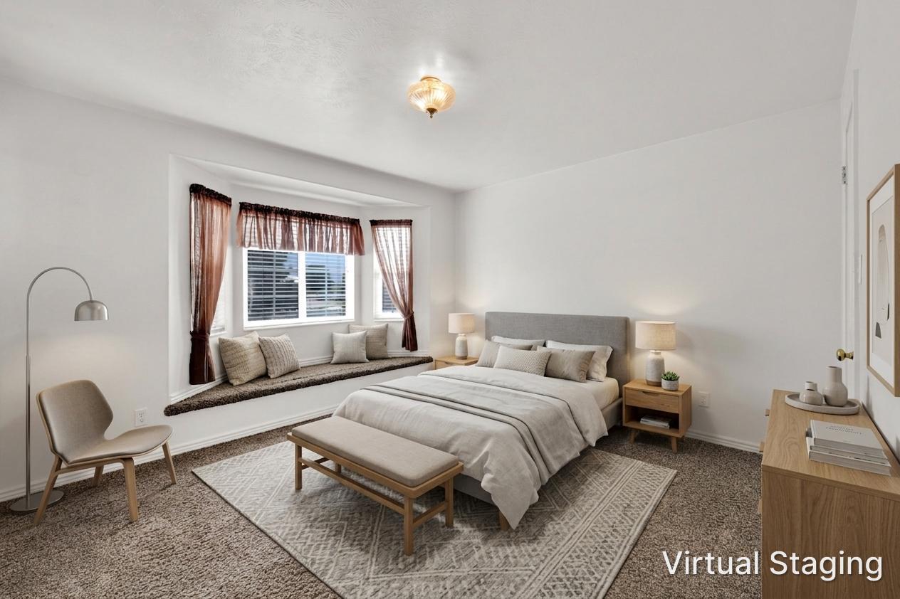 Bay window with an integrated window seat, neutral carpeting, and a ceiling-mounted light fixture
