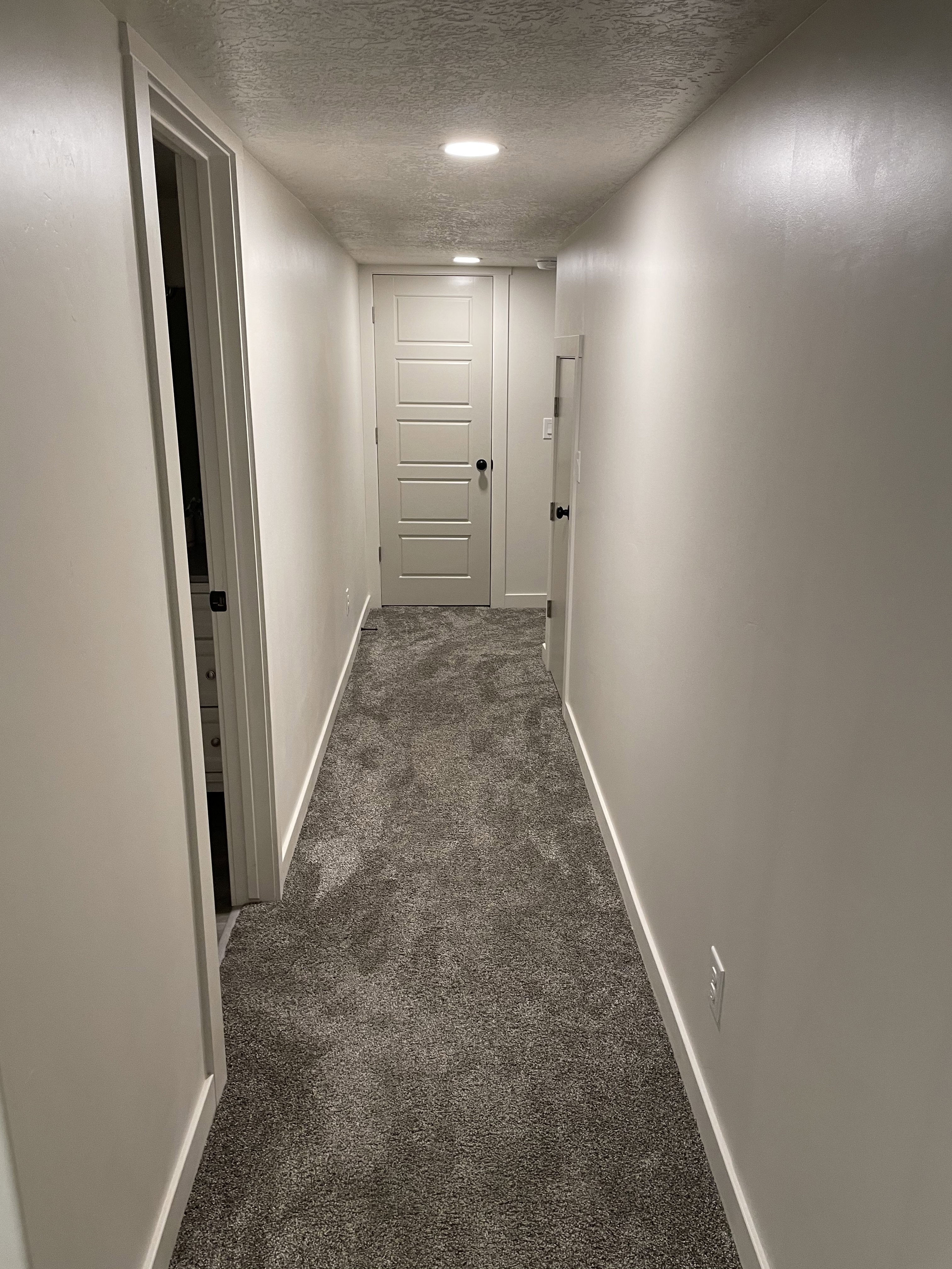 Hallway featuring light gray carpet, recessed lighting, and white paneled doors