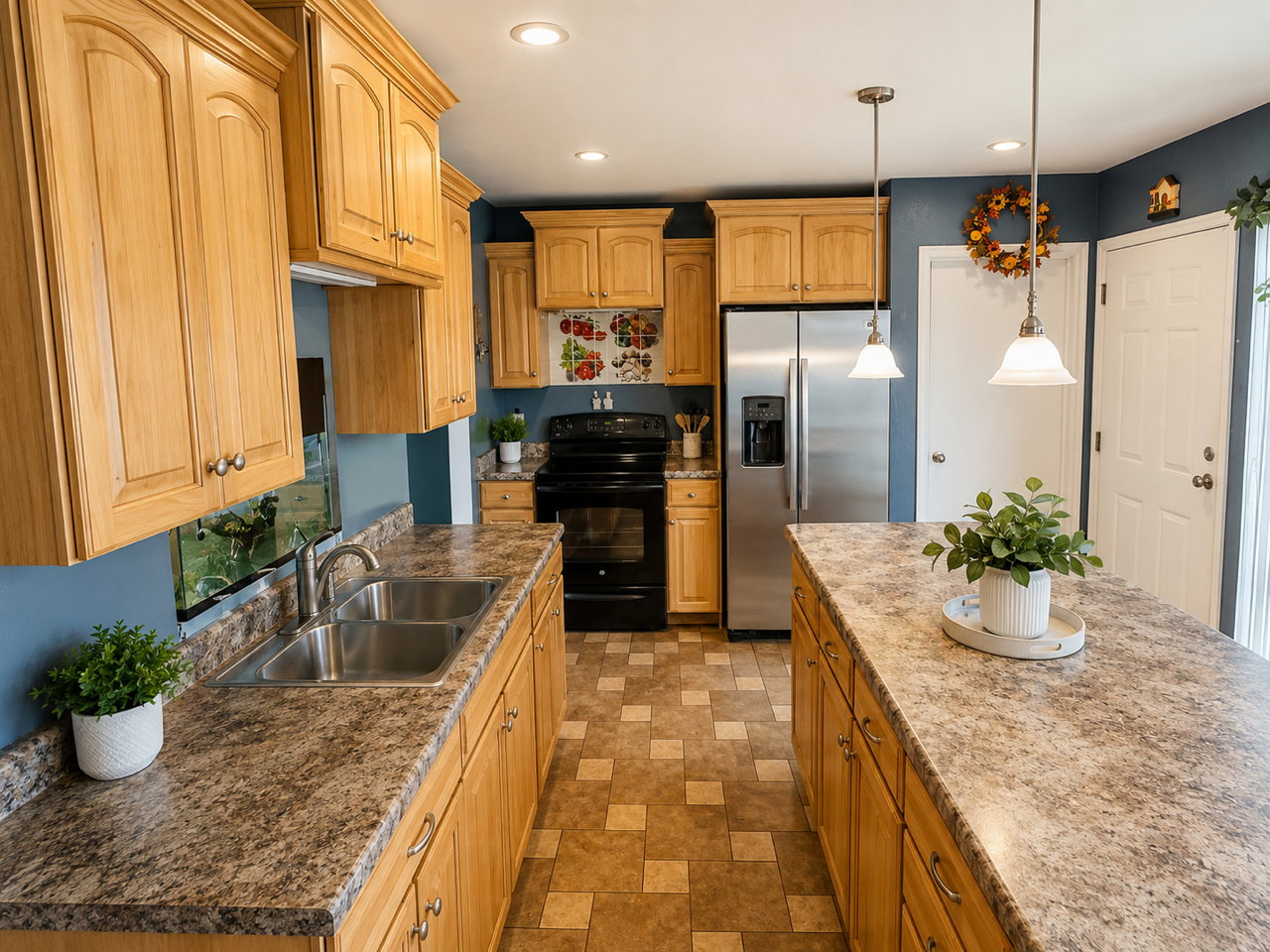 Kitchen with light wood-finish cabinetry, speckled countertops, and a dual basin stainless steel sink with a single-handle faucet