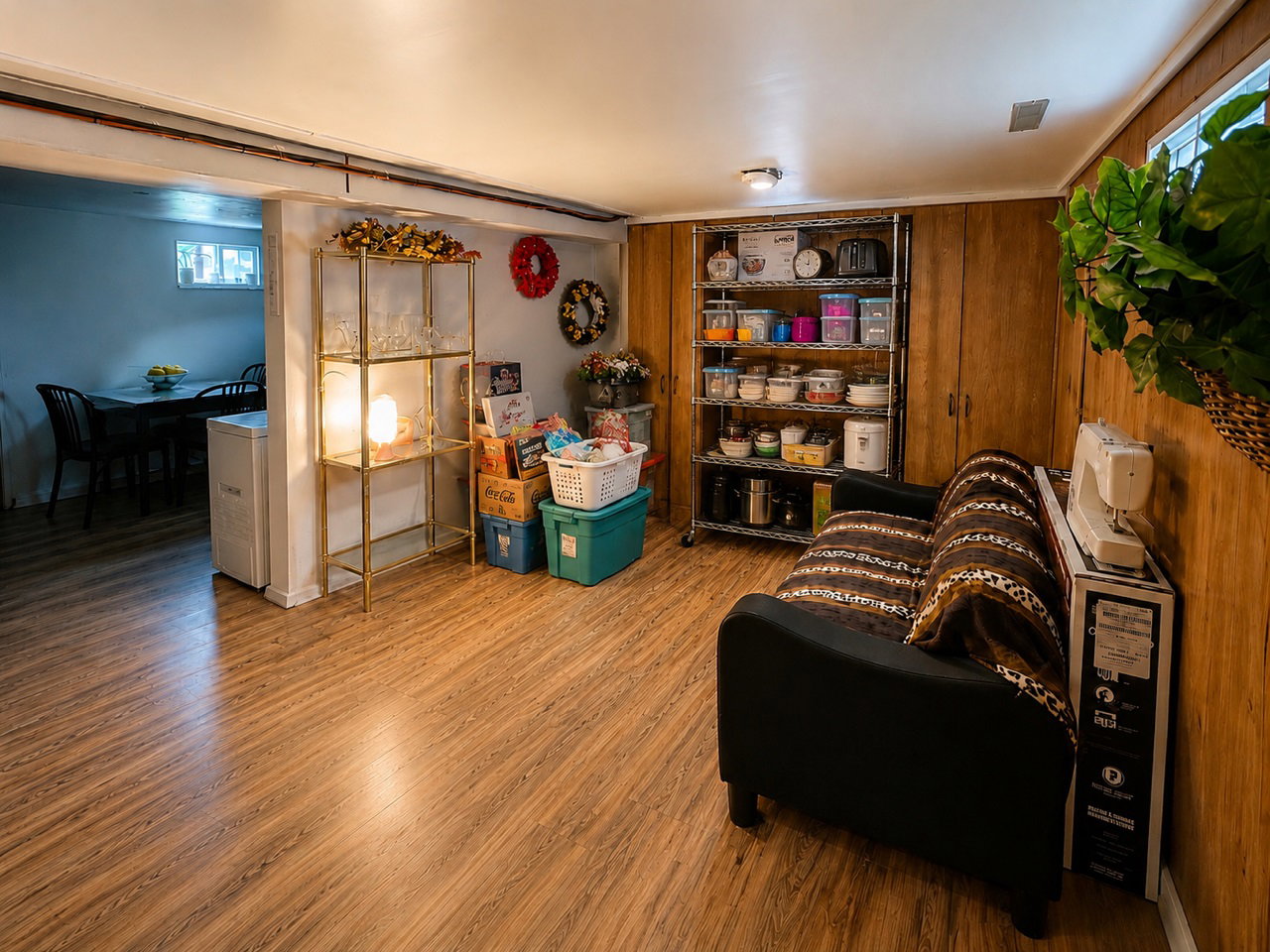Recreation room featuring wood-finish flooring, paneled walls, and recessed lighting