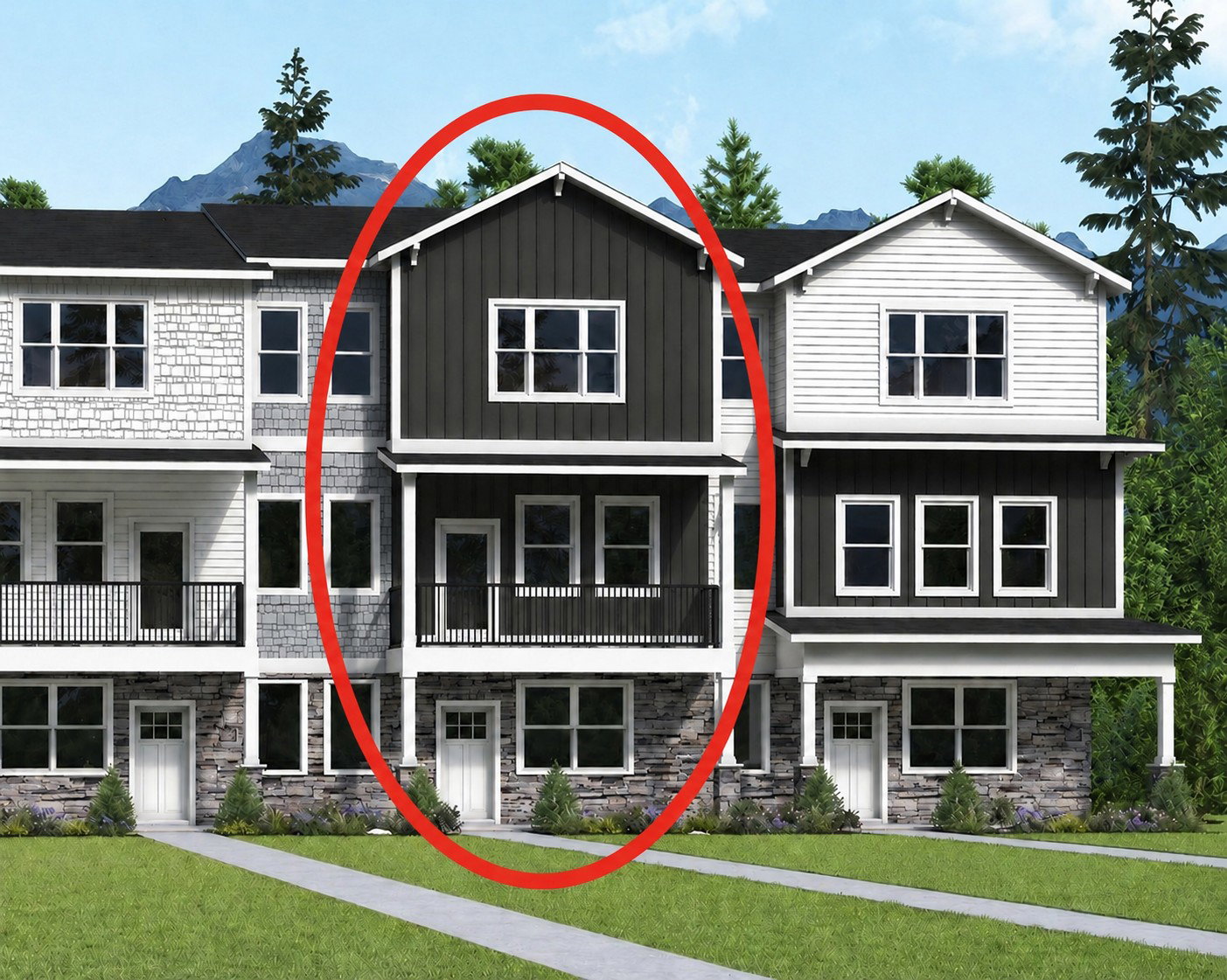 Exterior rendering of Hess Farms townhomes.