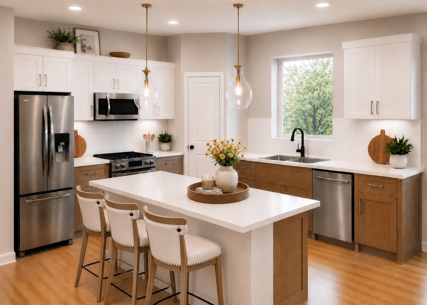 Rendering of kitchen layout and design finishes.