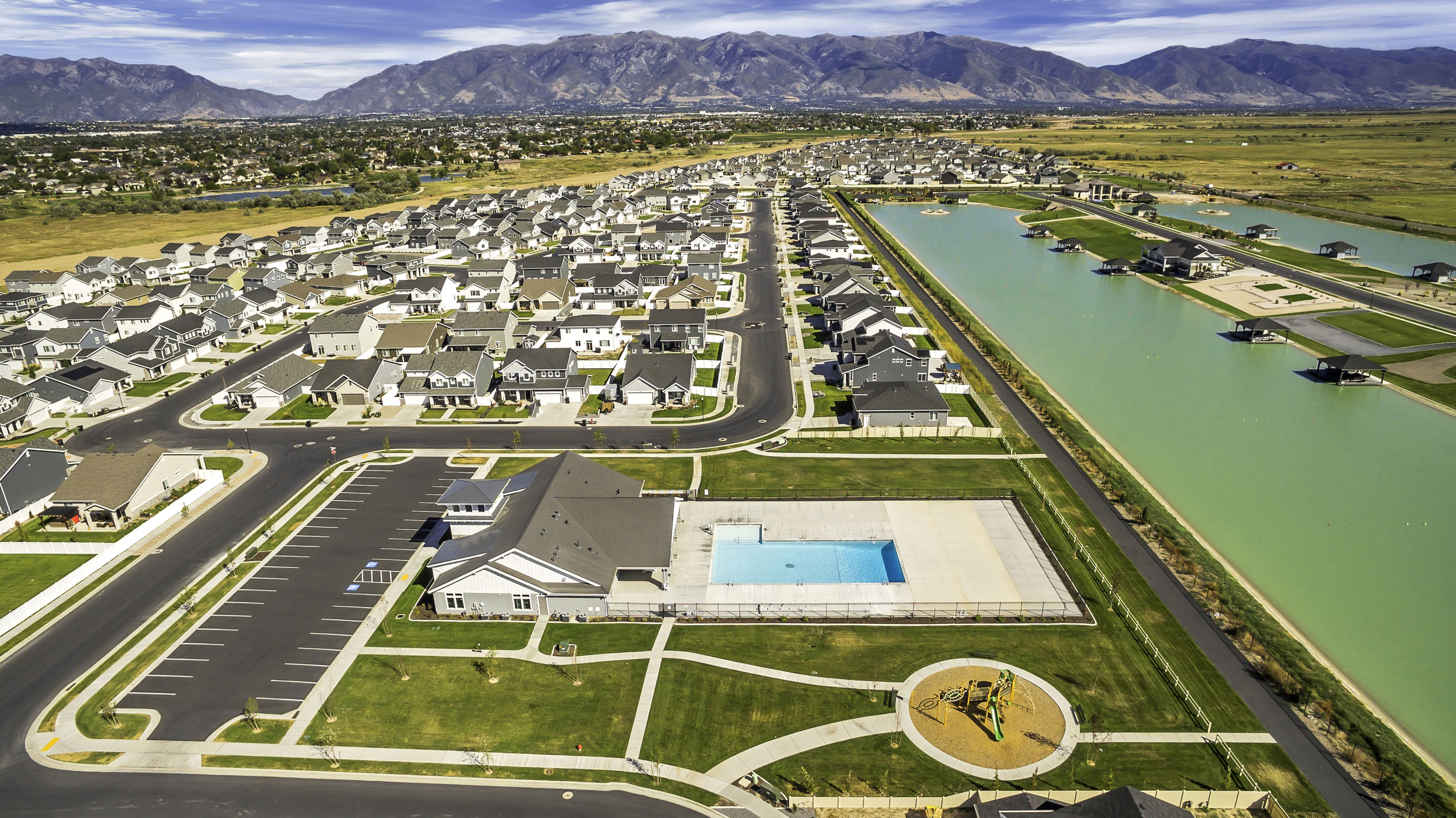 Aerial perspective showcasing a structured residential development