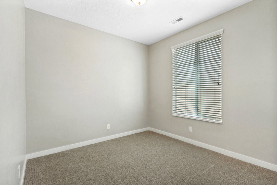 Carpeted room featuring light gray painted walls and a single window with horizontal blinds