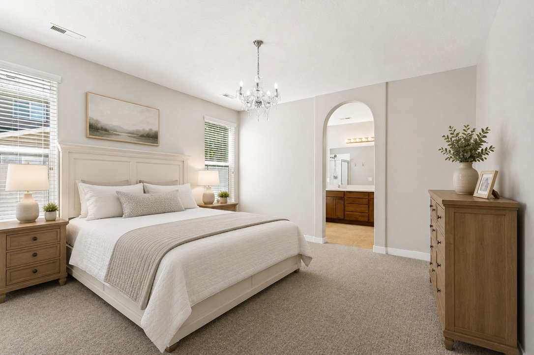 AI staged primary bedroom featuring neutral-toned carpeting, two windows with blinds, and a crystal chandelier