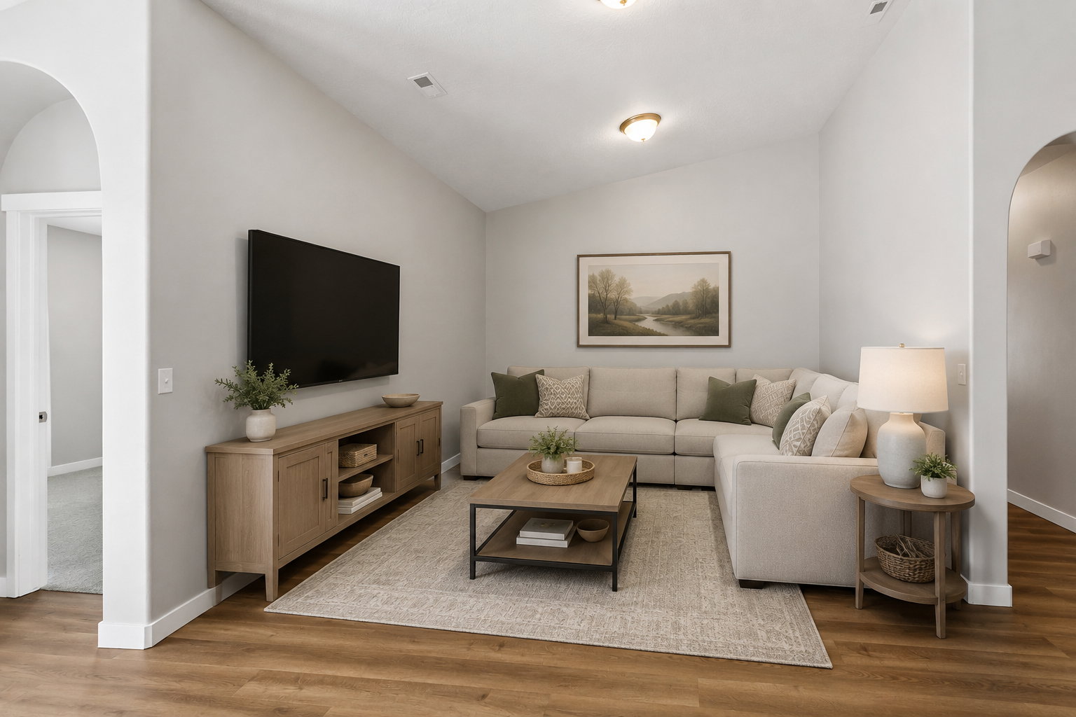 AI staged living area featuring vaulted ceilings, wood-finish flooring, and recessed lighting