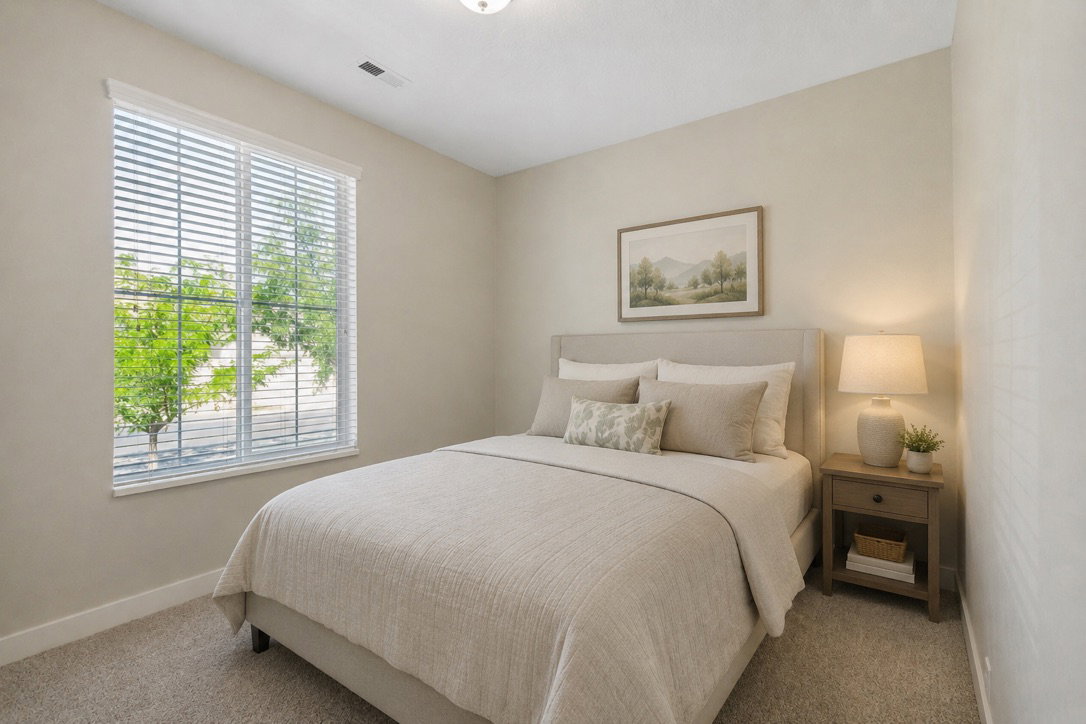 Virtualy staged using AI. Carpeted room featuring a large window with horizontal blinds, light-toned walls, and a ceiling light fixture