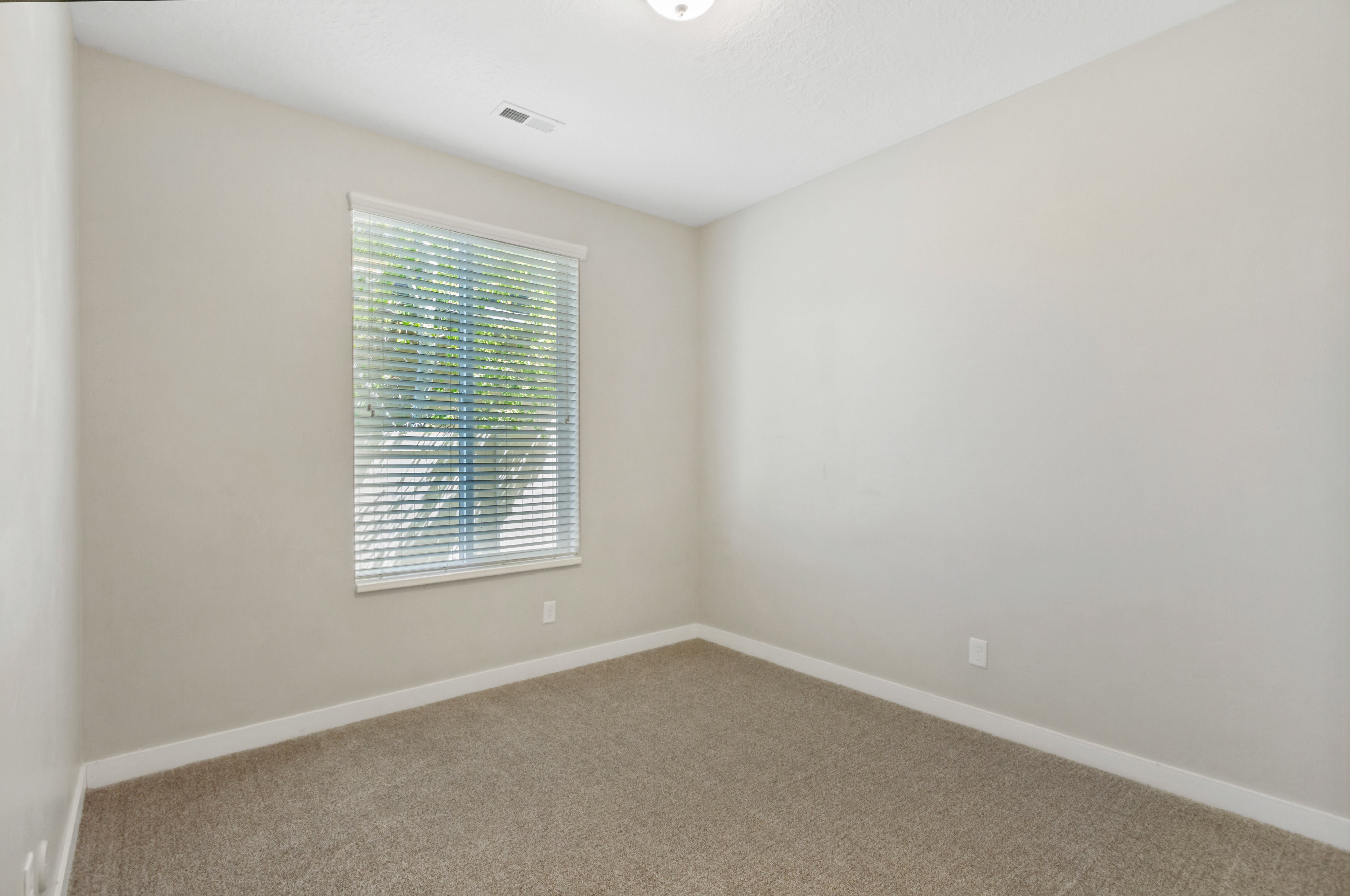 Neutral toned room featuring a window with blinds, light tan carpeting, and white baseboards