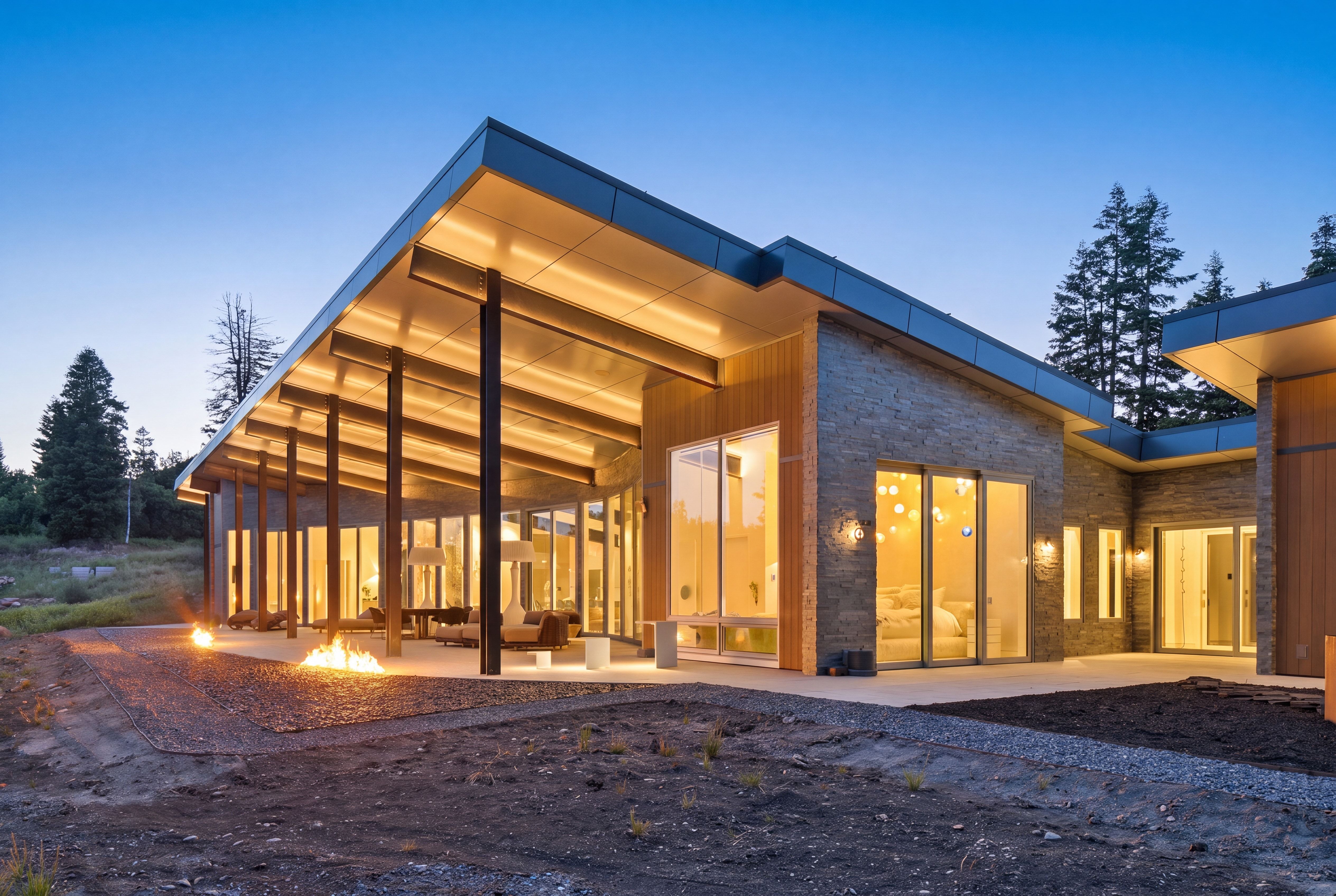 Modern single-story residence showcasing extensive glass-paneled walls, stone cladding, and wood-finish siding