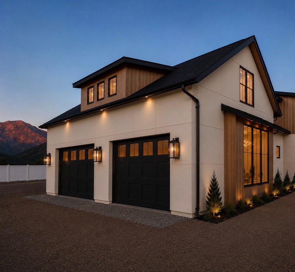 Contemporary architectural design featuring a crisp white exterior with natural wood accents and a dark-pitched roof