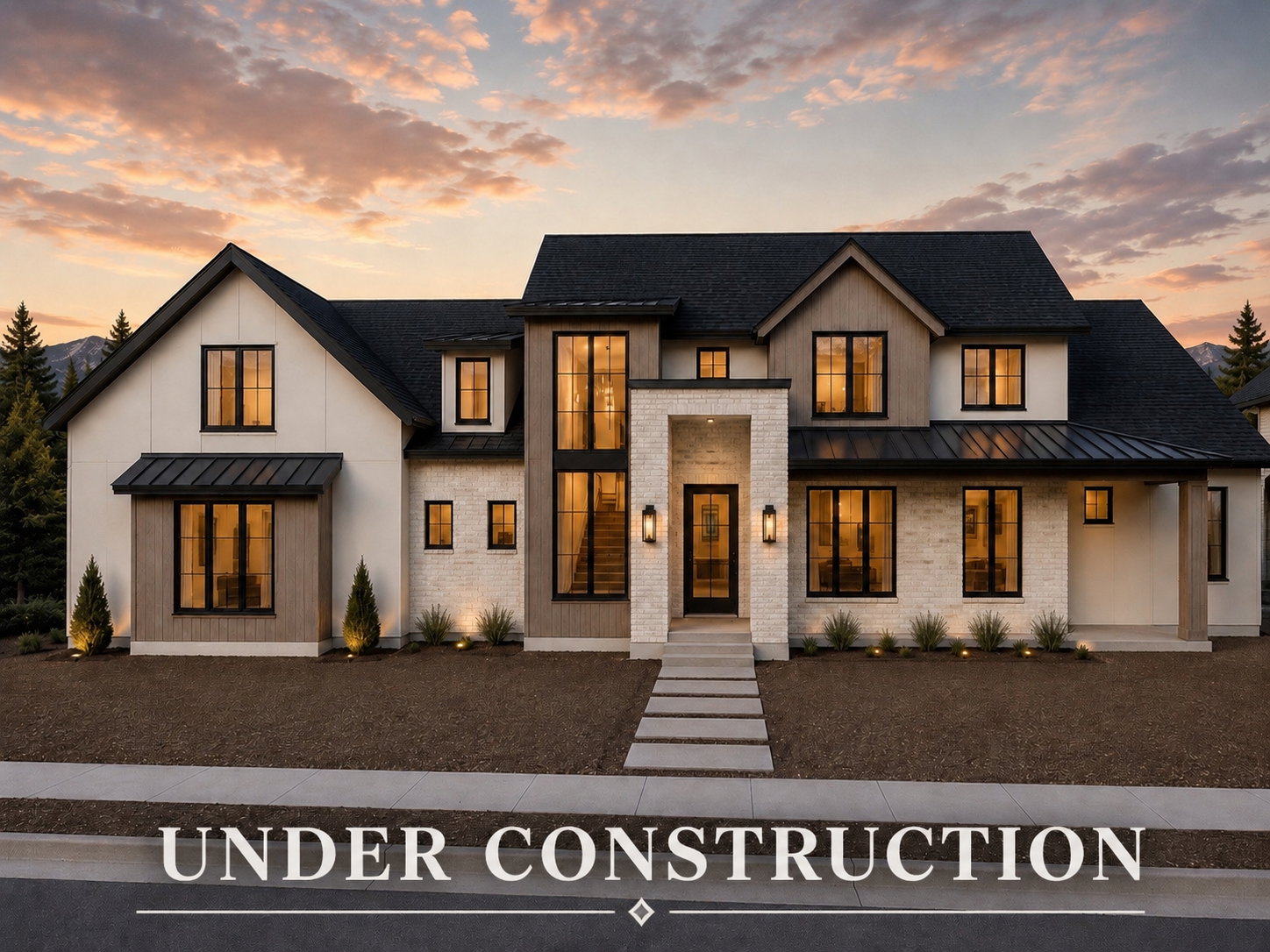 Modern farmhouse-style exterior featuring a striking blend of light brick, vertical white siding, and wood-finish accents