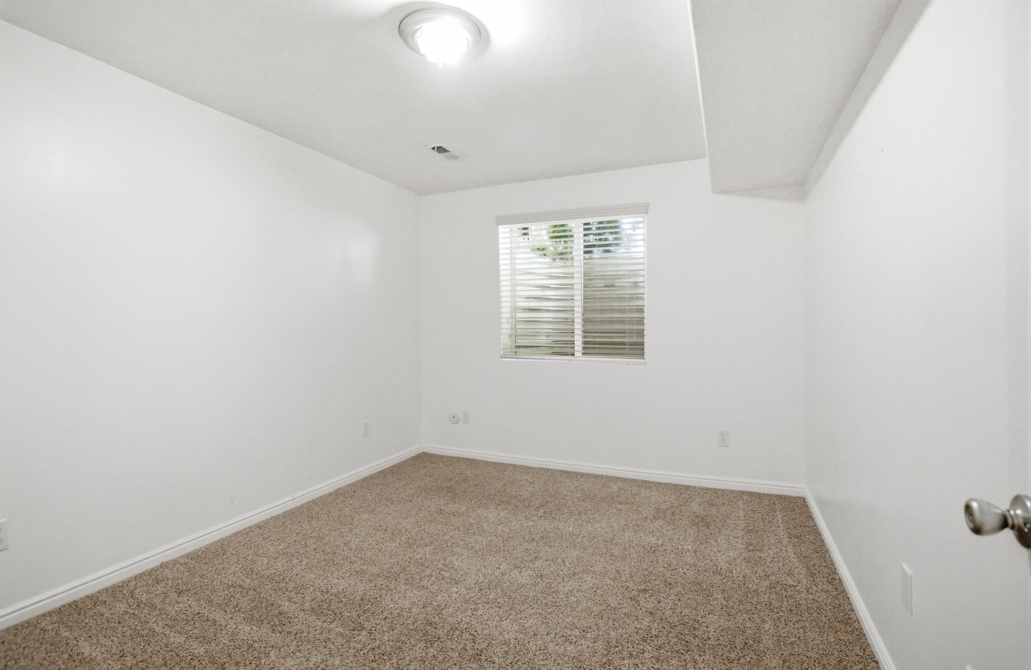 Carpeted interior room featuring a window with horizontal blinds, white walls, and a ceiling-mounted light fixture