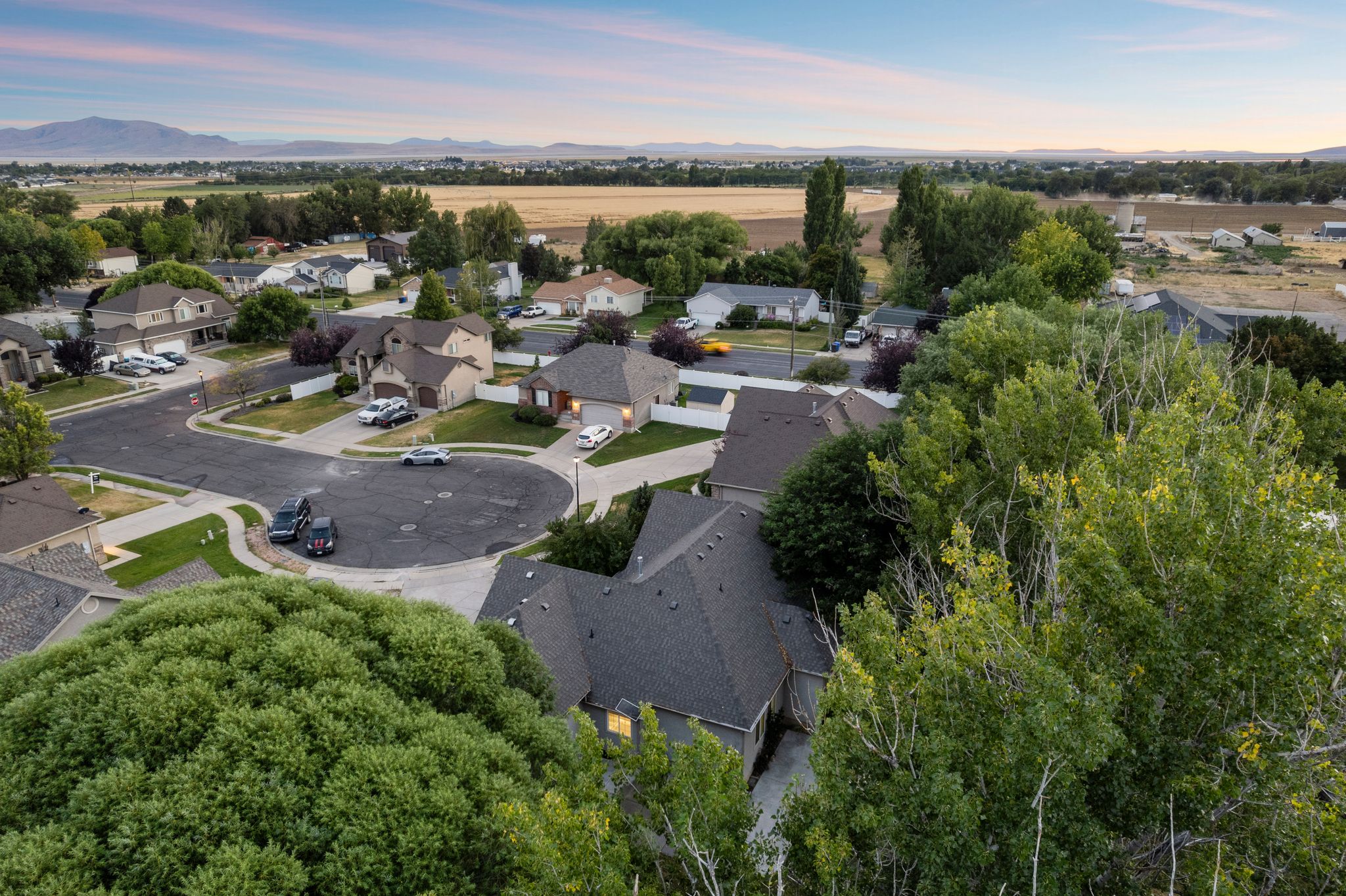 Residential neighborhood with cul-de-sac street design, surrounded by mature trees and distant fields