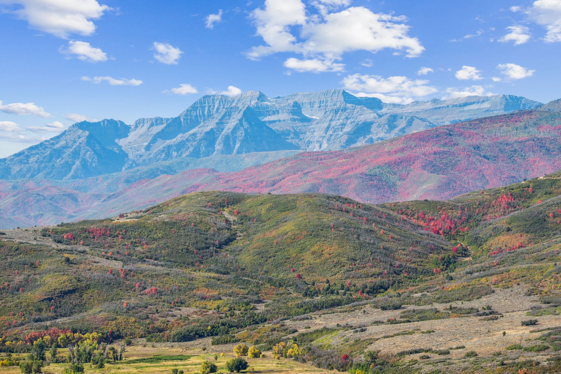 Mountain landscape featuring prominent peaks and rolling foothills