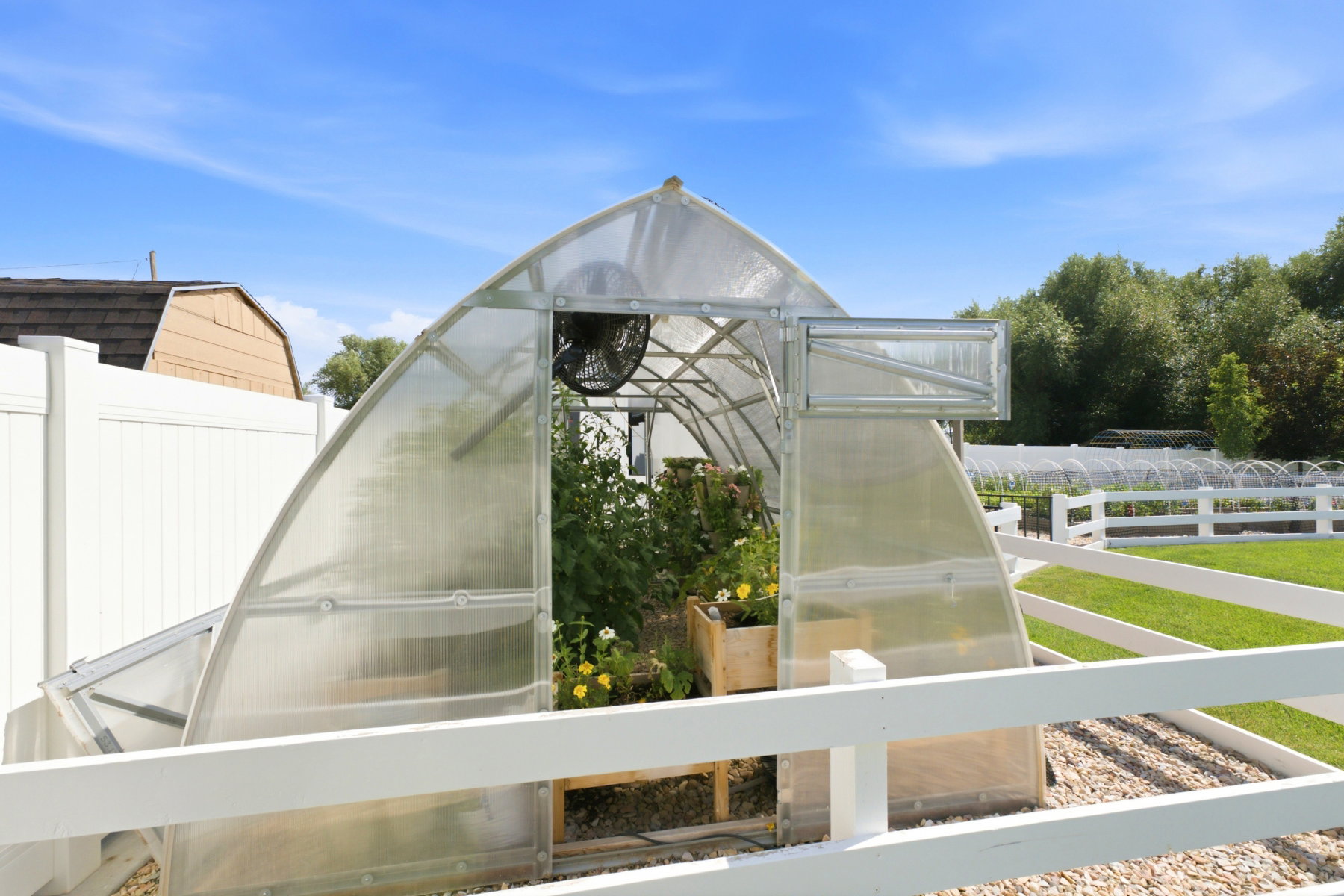 Freestanding greenhouse with an arched, translucent panel design