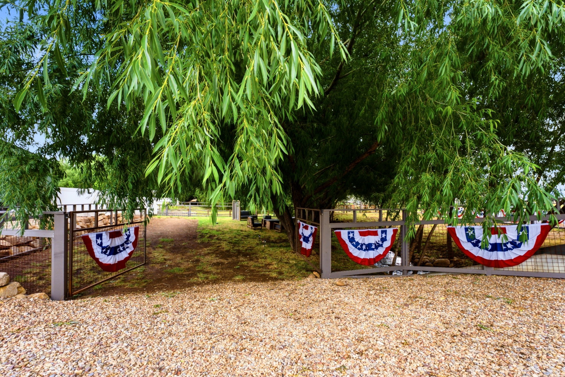 Gravel driveway entry featuring a metal gate, mature trees, and a grassy area beyond