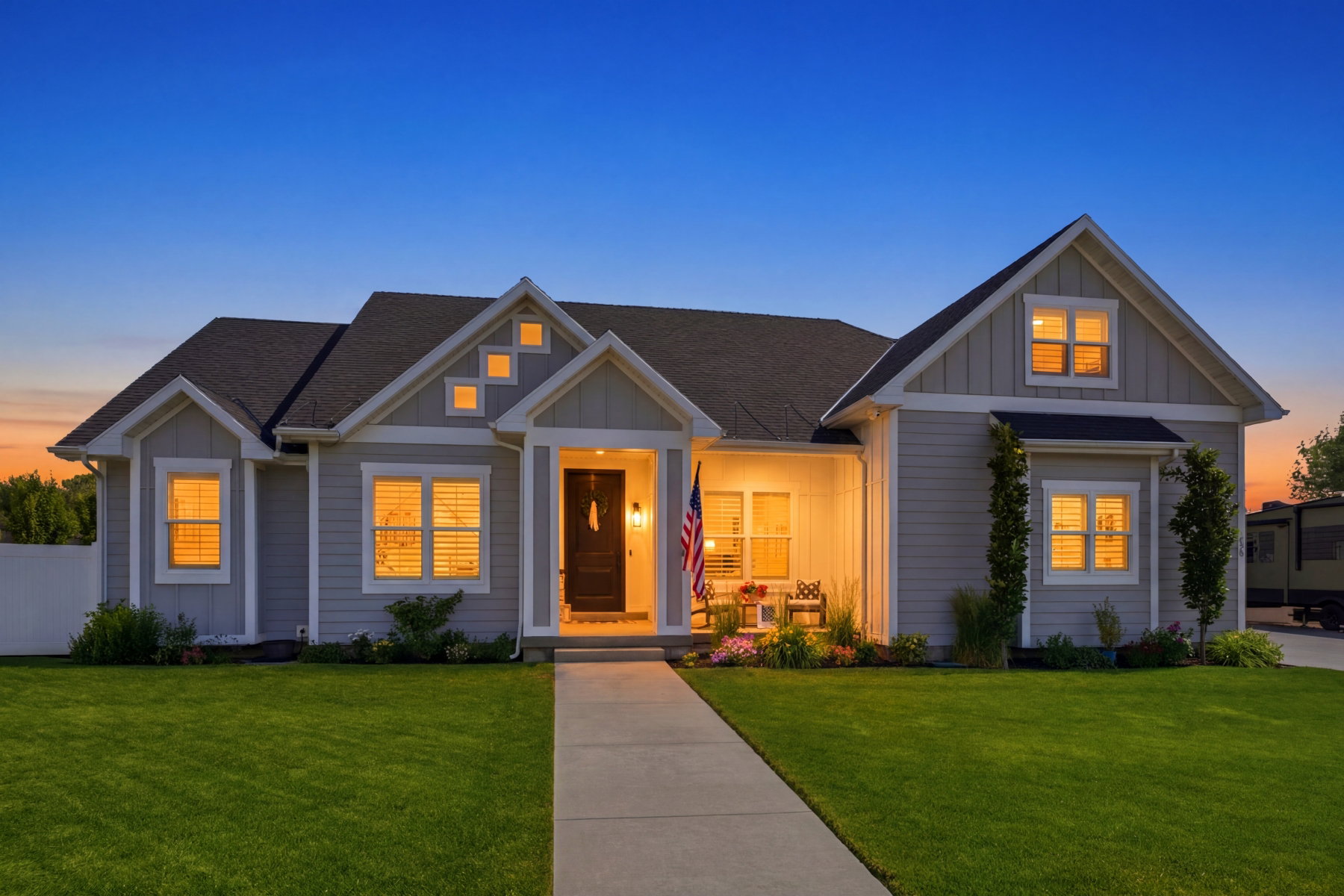 Single-story residence featuring light gray siding, dark roof shingles, an inviting covered front porch, and a well-maintained front lawn