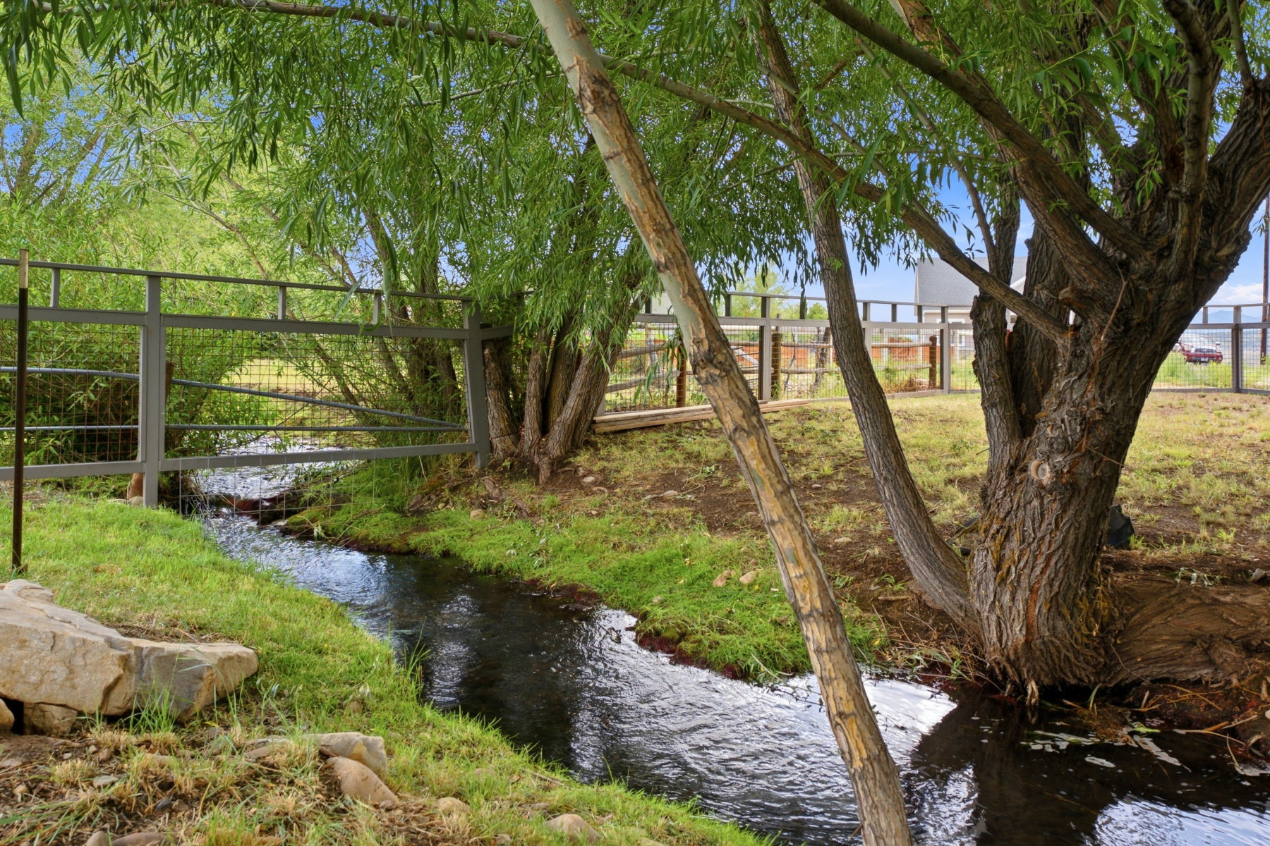 Water feature with a metal fence bridge, surrounded by lush green foliage and mature trees