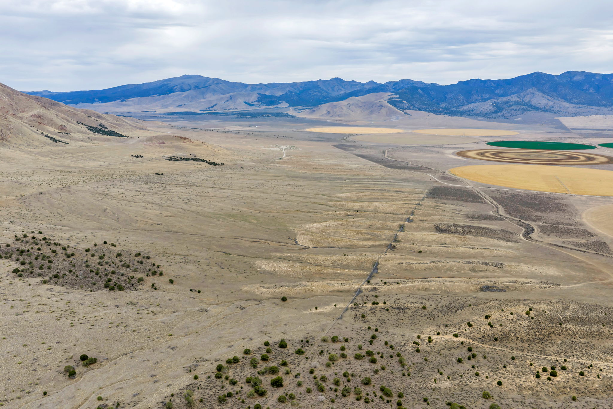 Expansive desert landscape featuring distant mountain ranges and circular agricultural fields