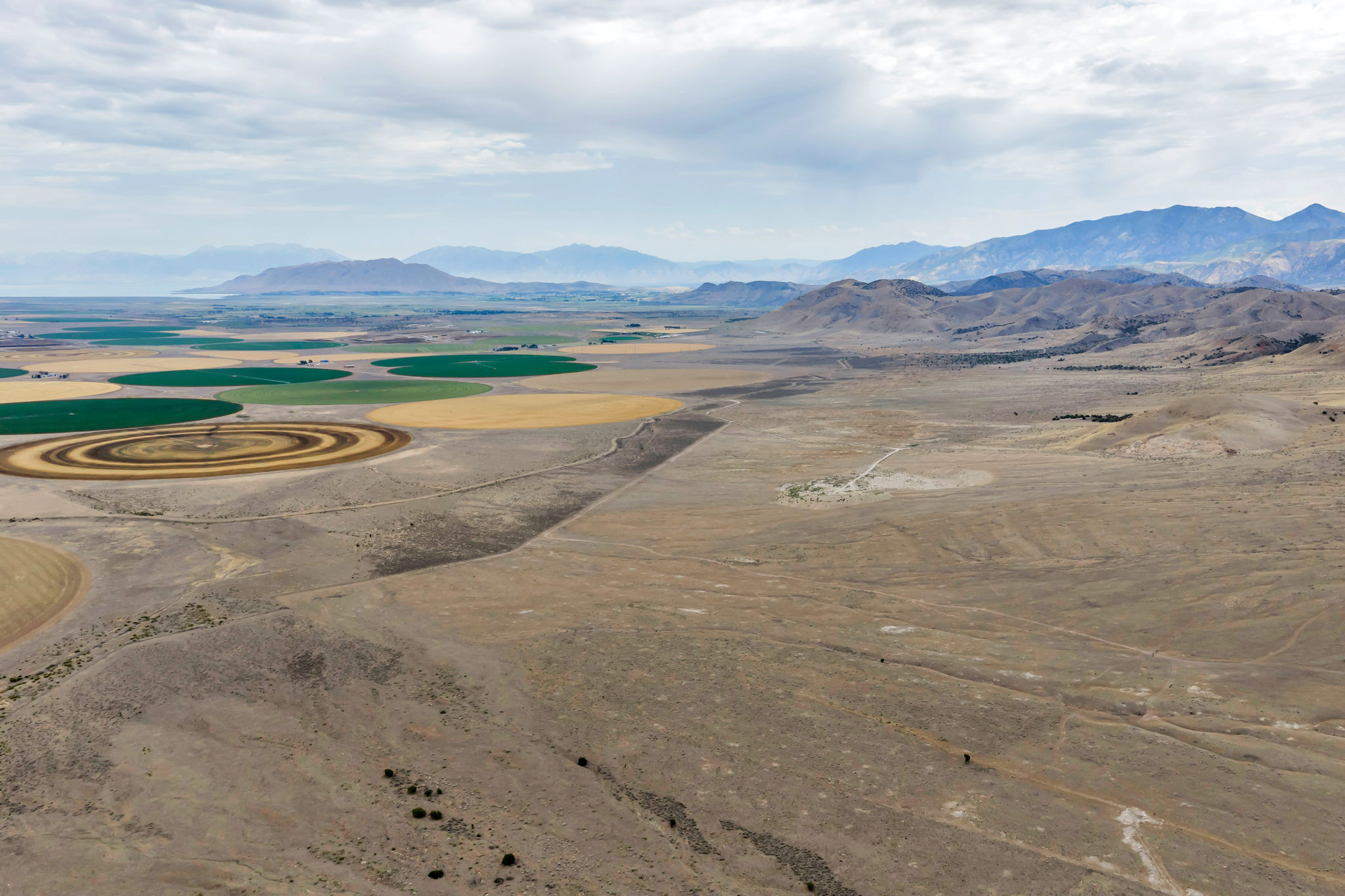 Expansive rural landscape featuring a mix of arid terrain and irrigated circular fields