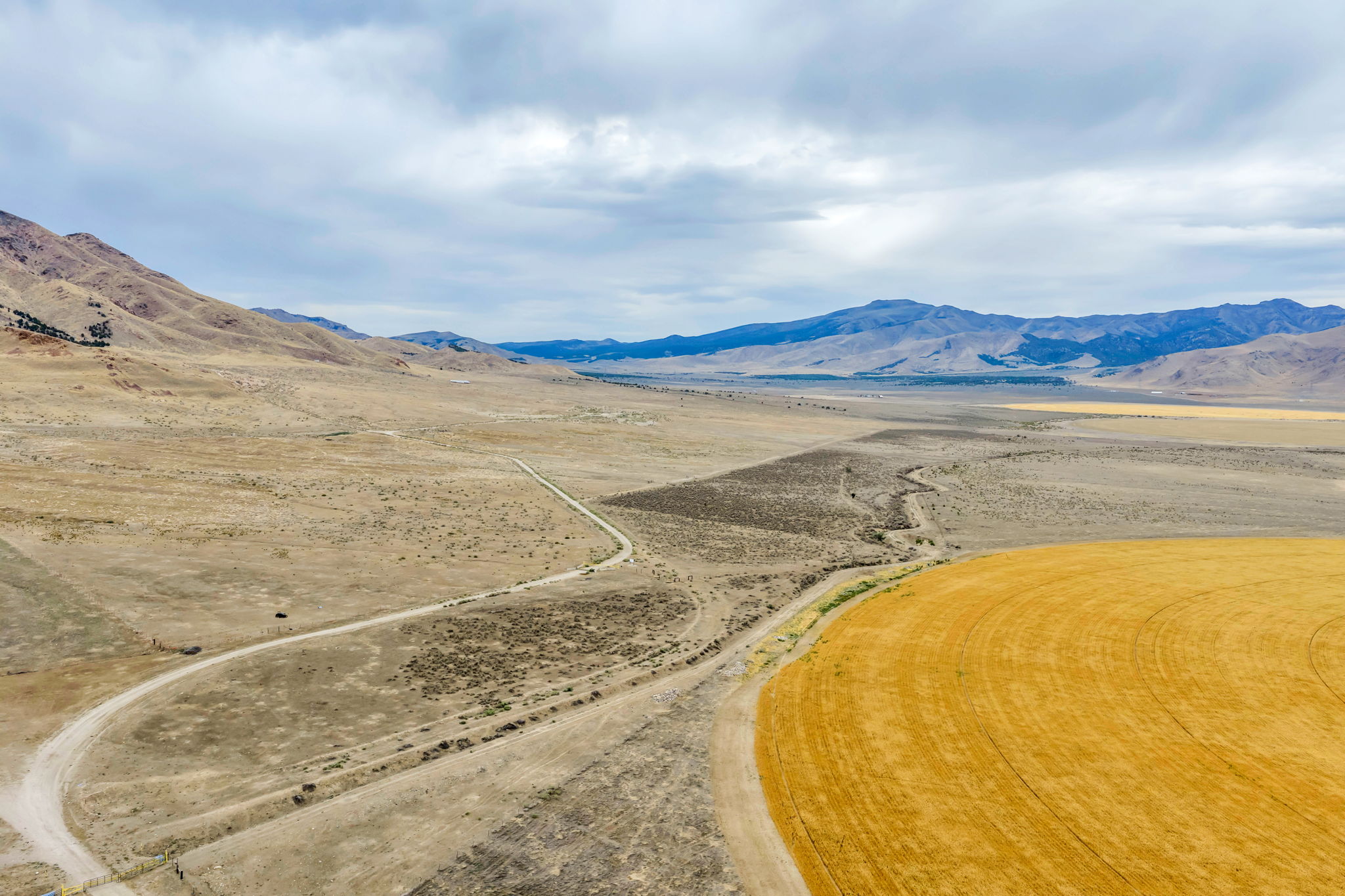 Expansive rural landscape featuring a cultivated circular field, extensive undeveloped land, a winding dirt road, distant mountains, and a vast sky