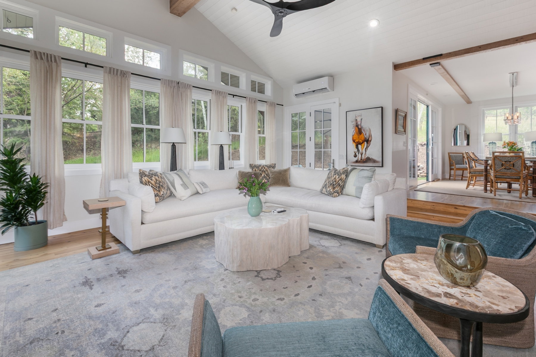 Vaulted ceiling with exposed beam accents