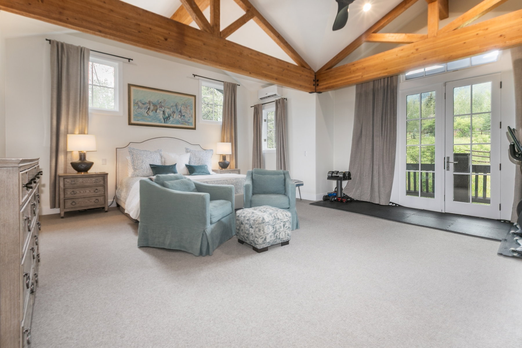 Vaulted ceiling with exposed wood beams