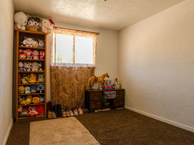 Comfortable room featuring a single window with patterned curtains, neutral wall paint, and dark brown carpeting