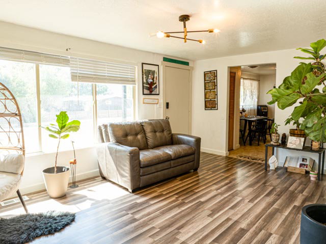 Spacious living area featuring wood-finish flooring, a contemporary ceiling light fixture, and large windows with blinds
