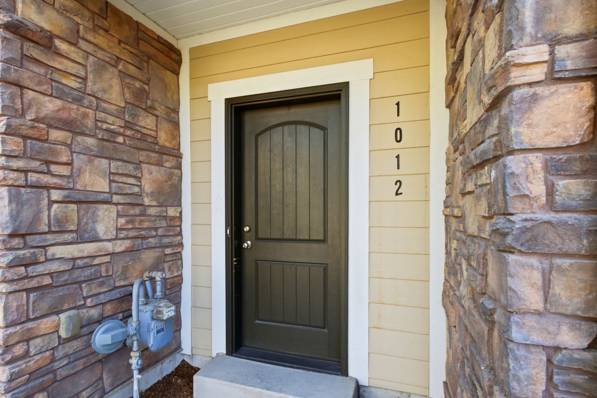 Front entry featuring a dark-paneled door with brushed nickel hardware, framed by light-colored siding and stone veneer accents