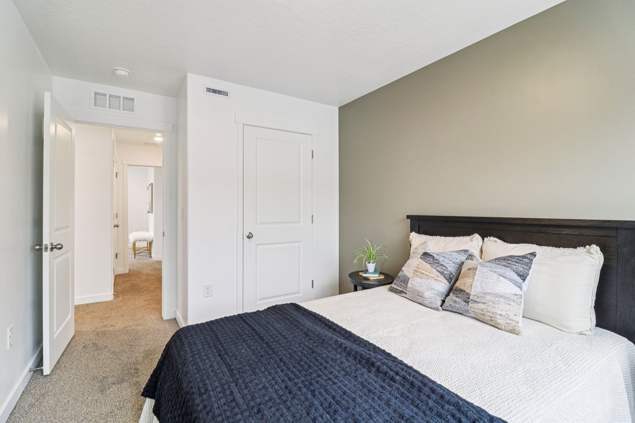 Neutral-toned bedroom featuring a dark wood headboard, light-toned walls, and plush carpet flooring