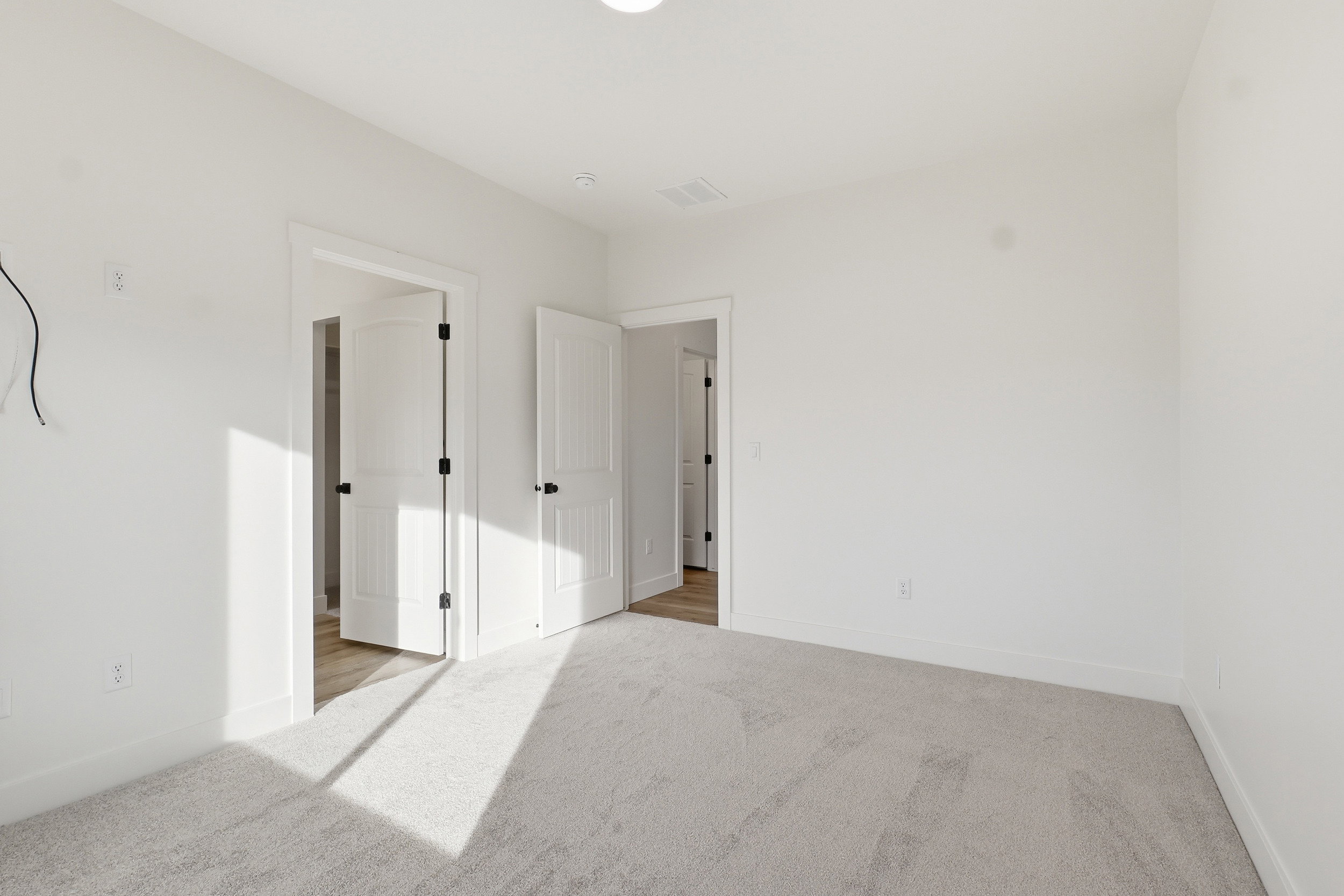 Spacious room featuring light gray carpeting, crisp white walls, and bright white trim