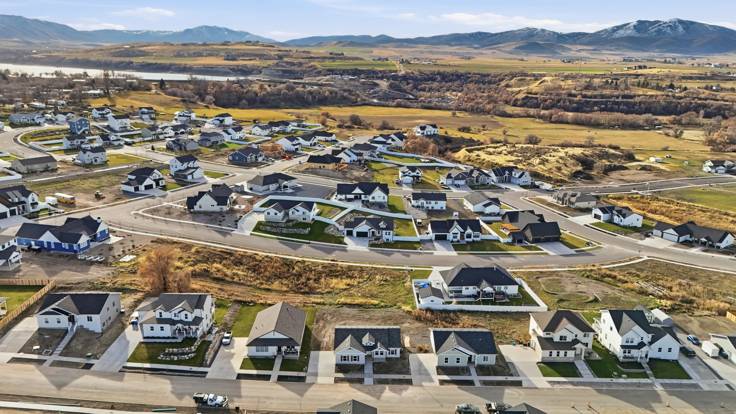 Aerial perspective showcasing a developing residential community